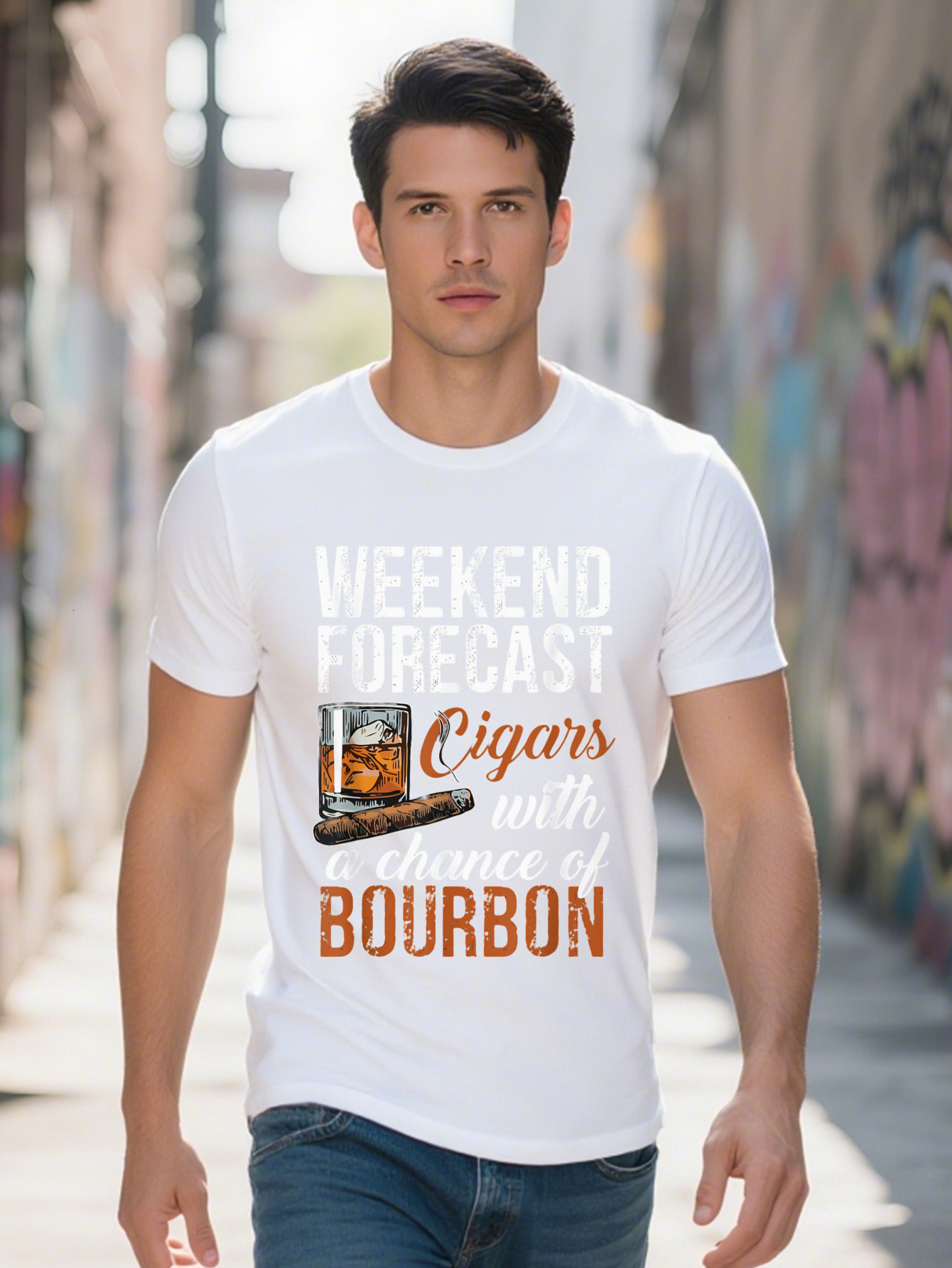 Weekend Forecast Cigars With Chance Bourbon T-shirt Men T Shirt cotton g 0623e