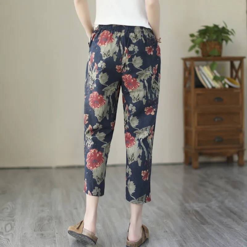 1pcs Spring Summer Women Cotton Comfort Breathable Pants Female Grid Flower Print Casual Loose Lady Haren Straight Leg Pant dongdumaoyi