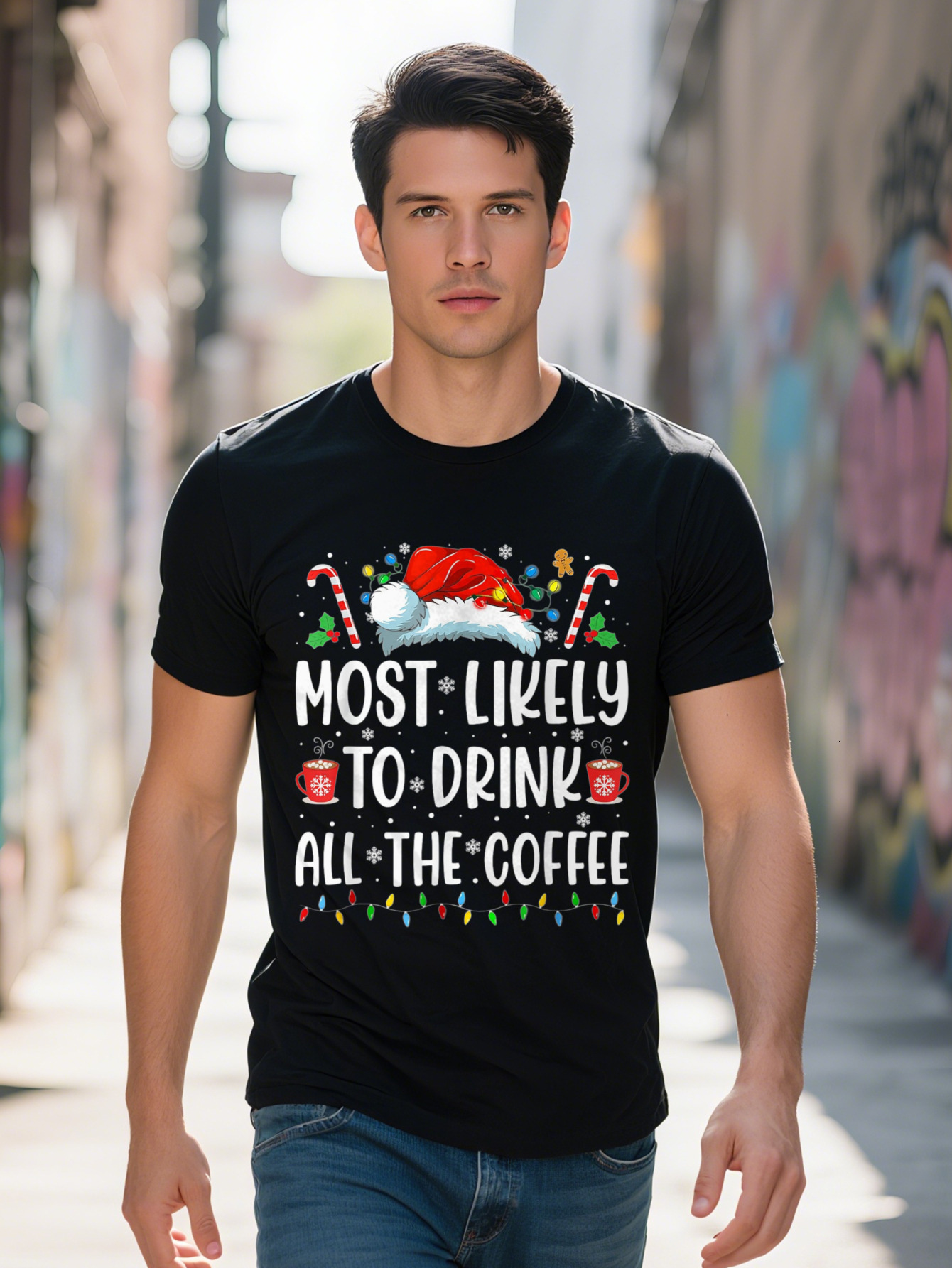 Cotton Men's T-Shirt Most Likely to Drink All The Coffee Family Design Short Sleeve Neck Christmas T-shirt 19e2b