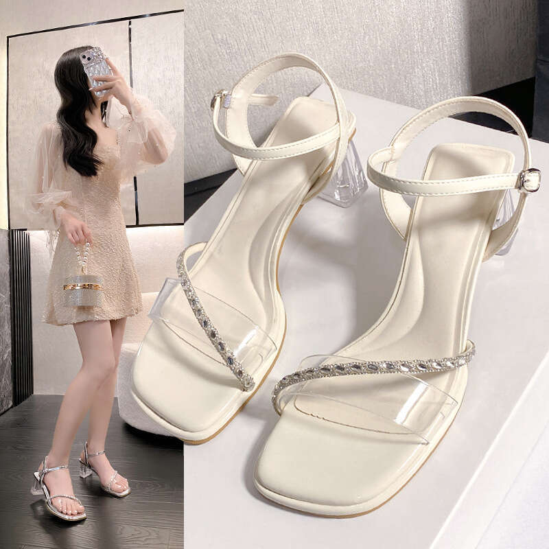 2025 Summer designer shoes New Rhinestone Sandals One-Strap Chunky Heel Slippers for Women to Wear with Dresses Stunning Slimming High Heels
