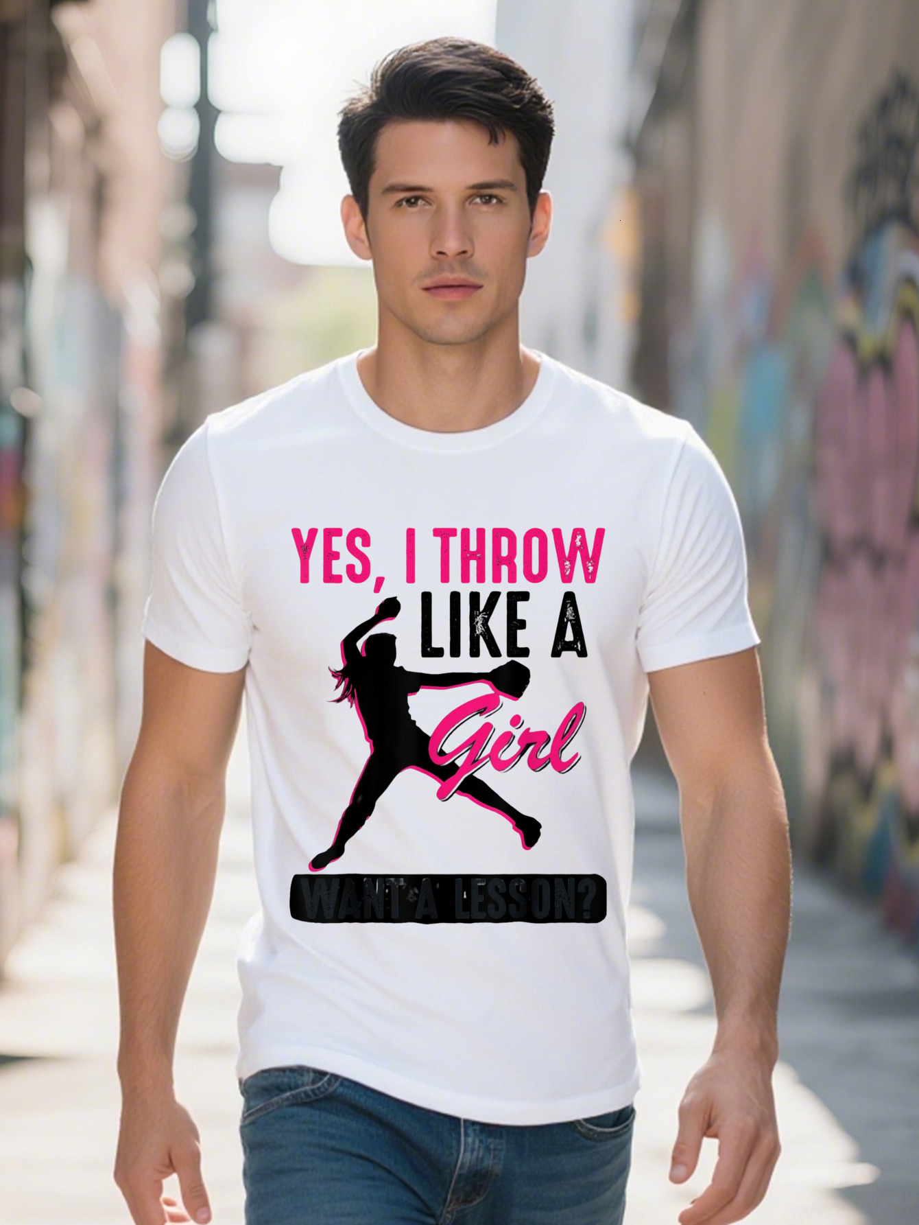 Men s Funny Softball Graphic T Shirt Yes I Throw Like A Girl Pitcher Design Cotton Short Sleeve Crew Neck 8a6c0
