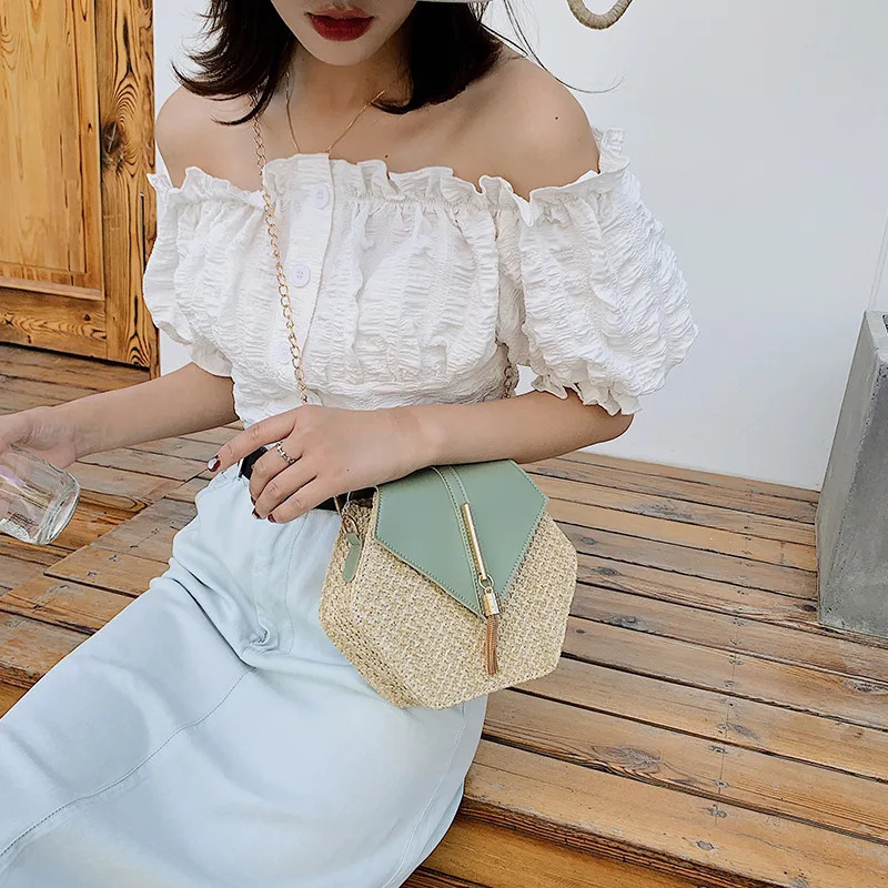 Hexagon Shape Straw PU Leather Handbag Women Summer Rattan Bag Handmade Woven Beach Bohemia Chain Strap Shoulder Crossbody Bags 250801
