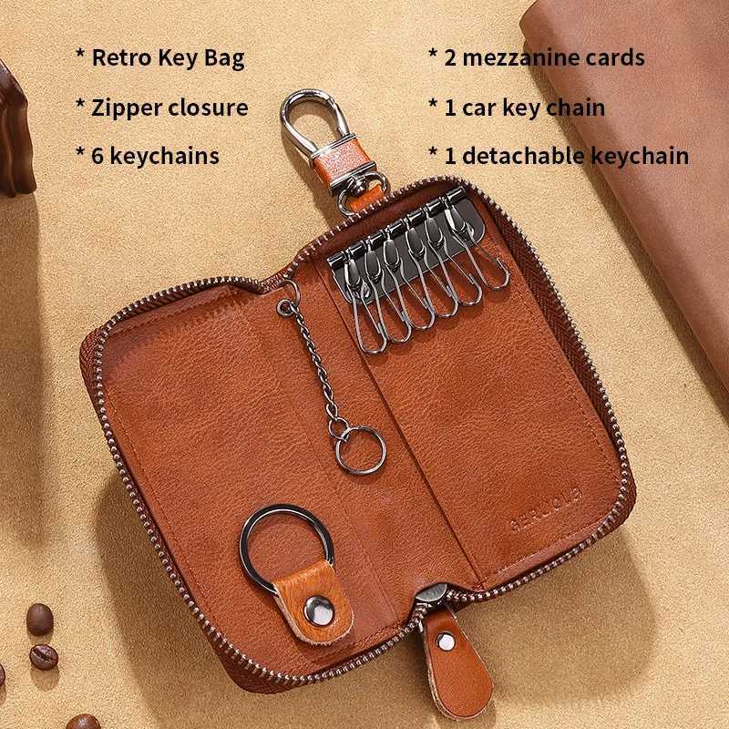 Mens Key Holder with 2 Card Slots + 1 ID Key Clip + 6 Key Rings + 1 Car Key Chain Genuine Leather Large Capacity Multi-Car G250802
