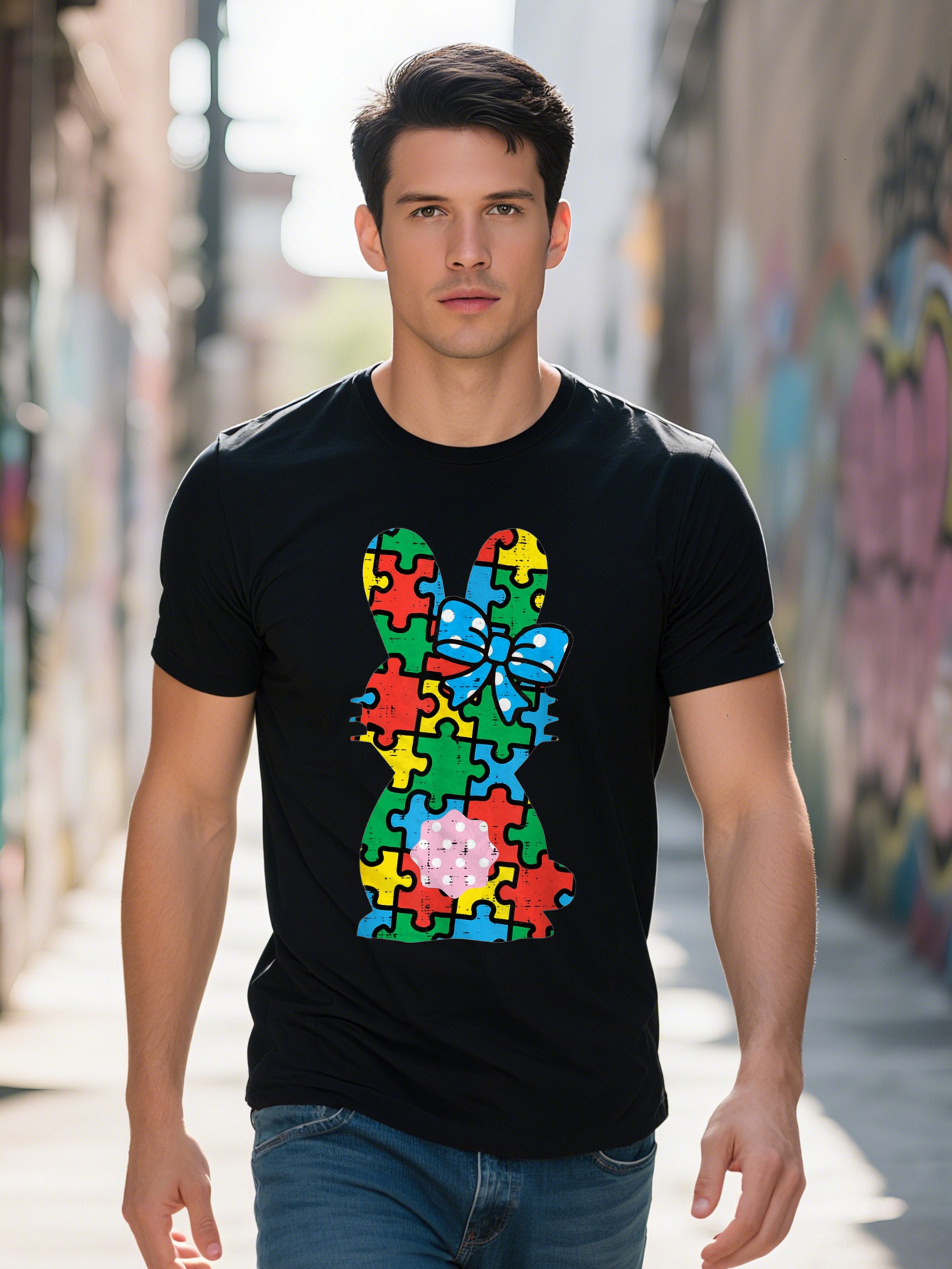 Bunny Rabbit Puzzle Autism Awareness S Funny Graphic Tee for Men Women Cotton Breathable Fabric Short Sleeve Shirt 6add0