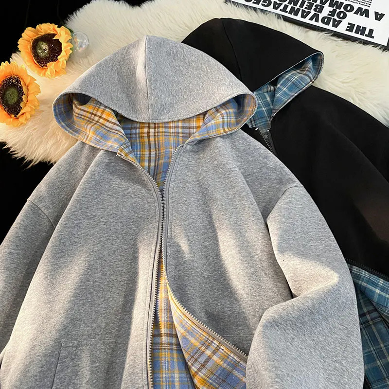 Reversible Sweatshirt Mens Hooded Cardigan Couple Model Hooded Sweatshirt Plaid Jacket 2025 Autumn Unisex Hoodies 250708