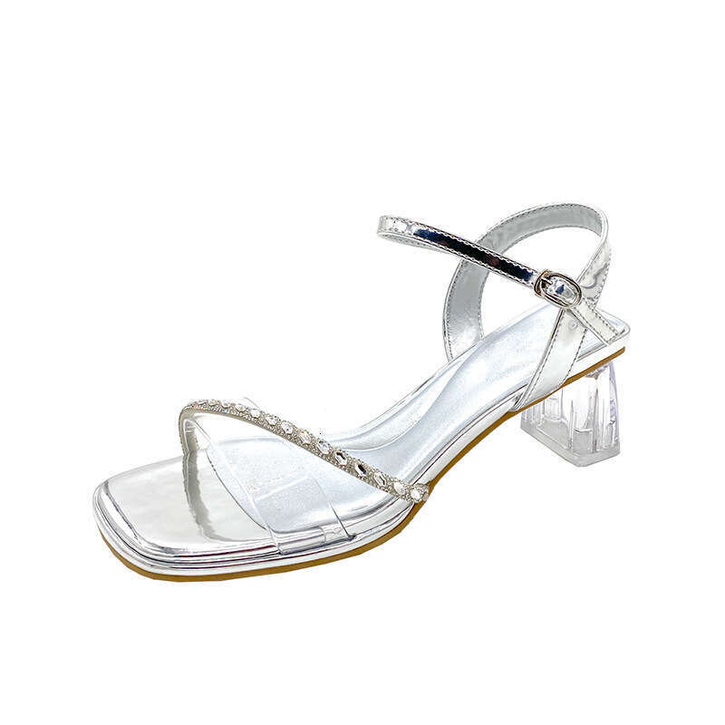 2025 Summer designer shoes New Rhinestone Sandals One-Strap Chunky Heel Slippers for Women to Wear with Dresses Stunning Slimming High Heels