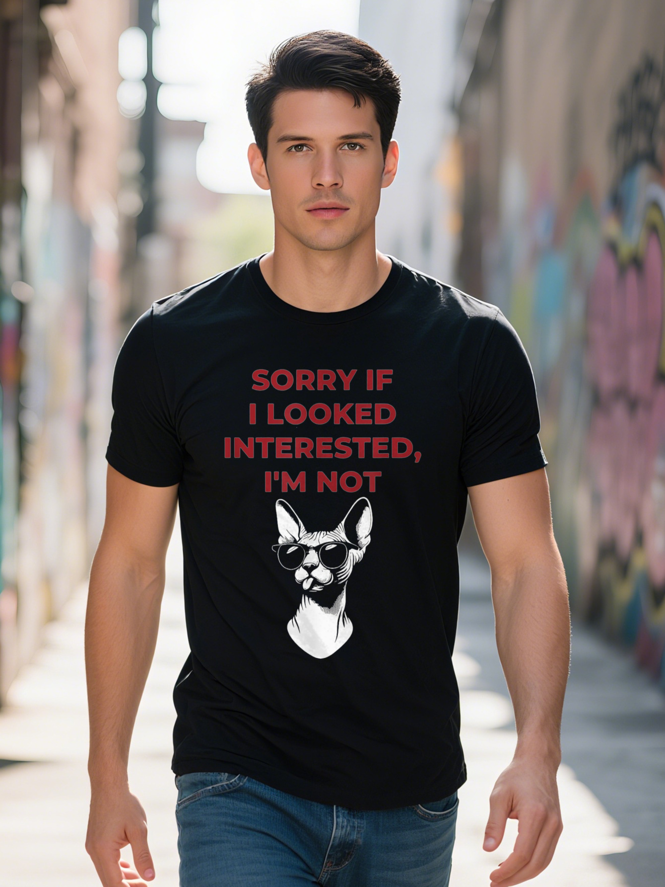 Men s g Cotton T Shirt Sorry If I Looked Interested I'm Not Funny Cat Graphic Tee with Fashion Glasses Black 96160