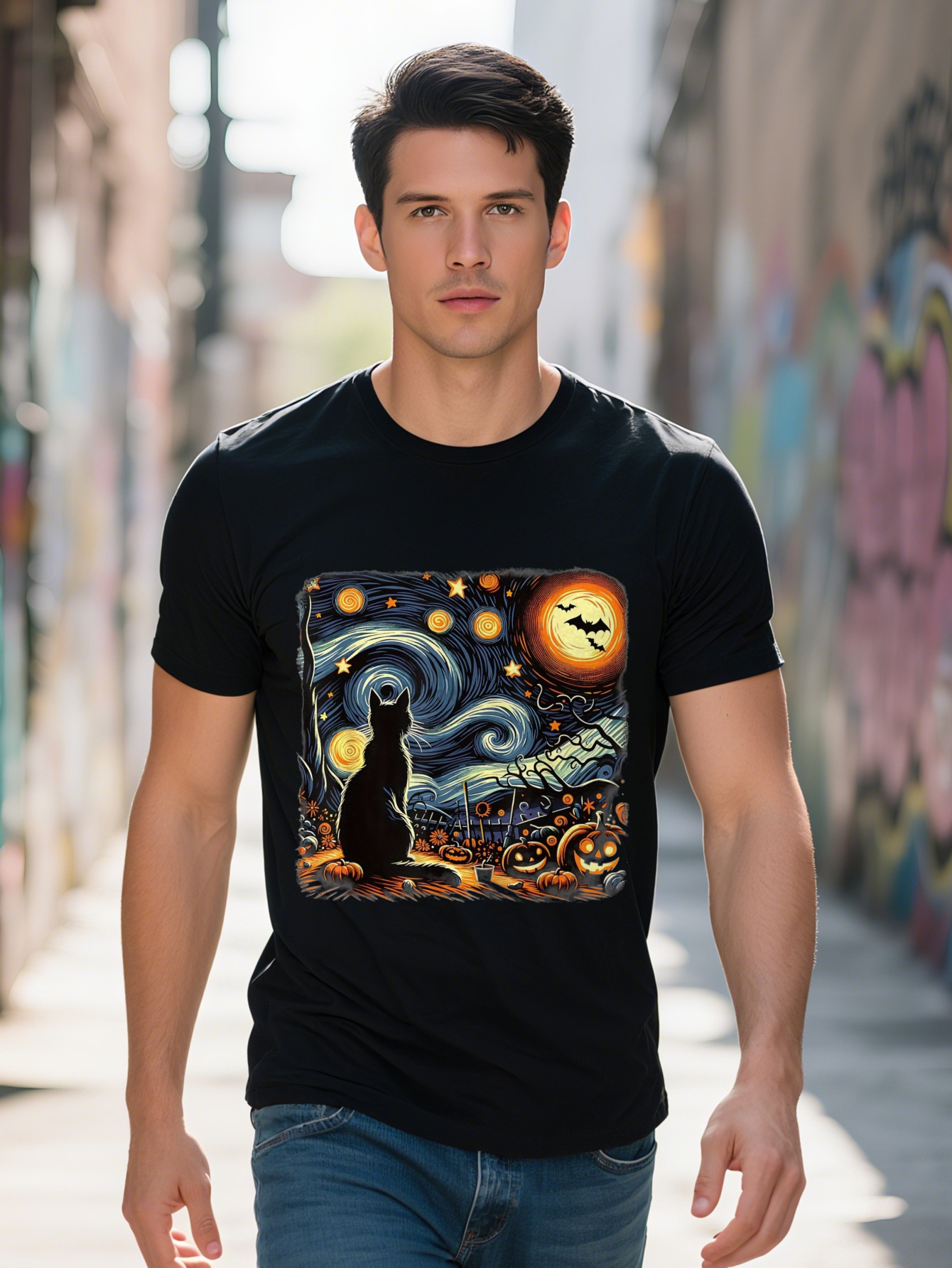 Men's Halloween Van Gogh Inspired Starry Night T-Shirt, Matching Black Cat, Pumpkin and Bat 100% Cotton, Short Sleeve, Crew Neck, Machine Washabl