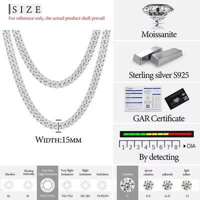 925 Sterling Silver Moissanite Cuban Chain Necklace 15mm Sparkling Rhodium Plated in Hip-hop Style Following Miami Cuban Style