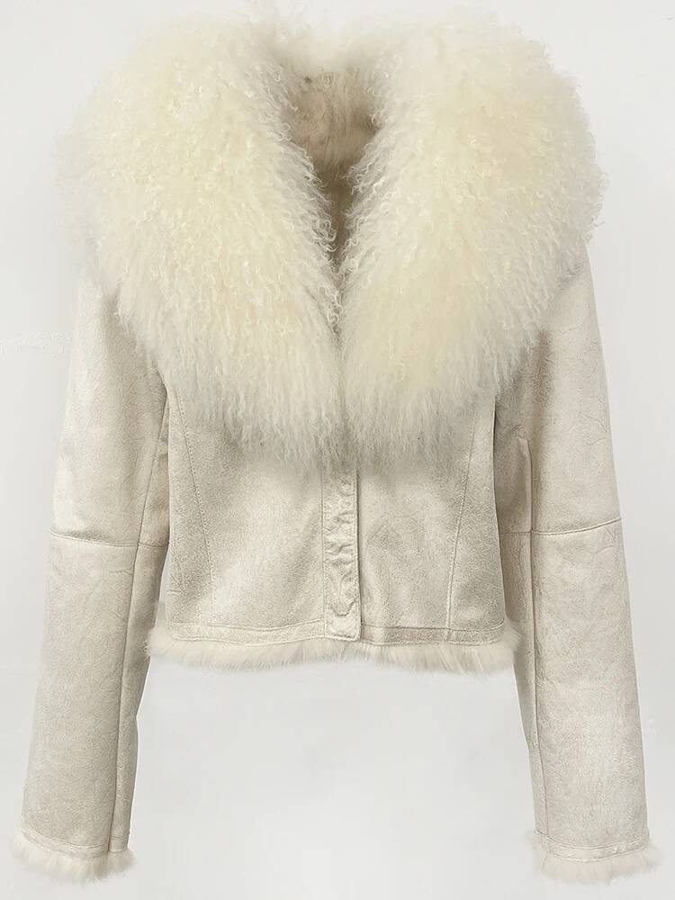 OFTBUY Suede Jacket Women Autumn Winter Fashion Short Warm Real Rabbit Liner Clothes Natural Mongolia Sheep Fur Coat Female