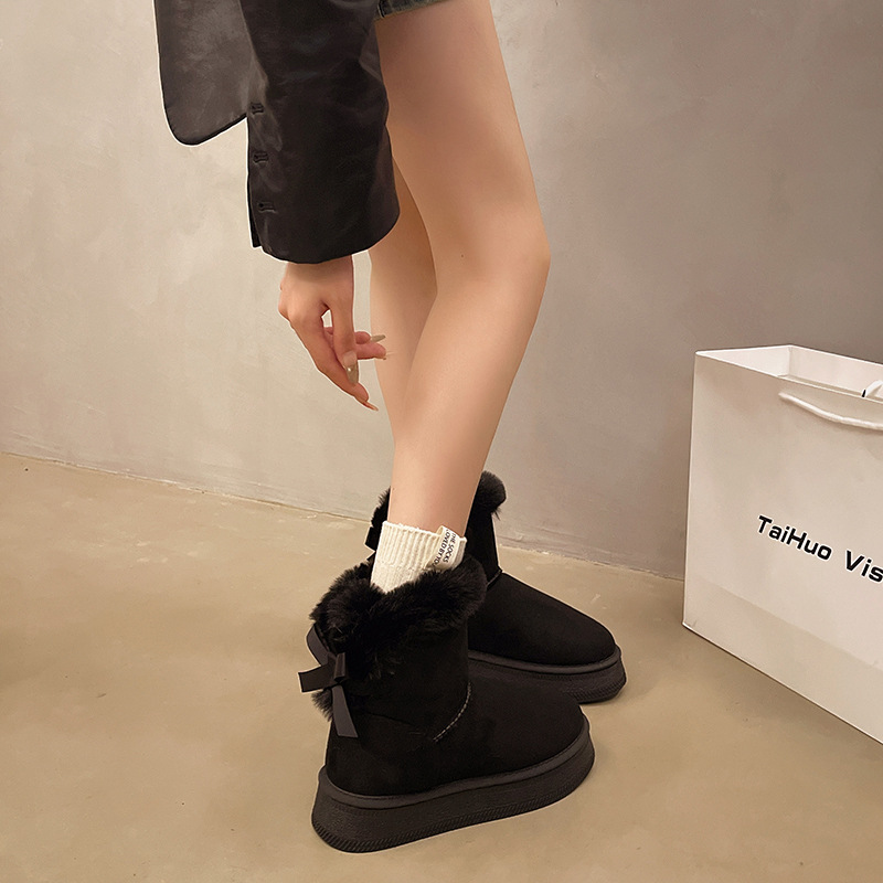 Fleece - Lined and Thickened Snow Boots with Slip - On Design new Winter Style Thick Sole Furry Opening Bow - Knot Warm Large - Size Cotton Shoes