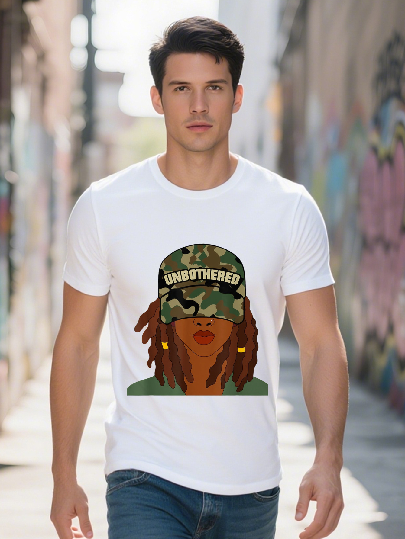 Men s g Cotton T Shirt Unbothered with Locs Camo Print Graphic Regular Fit Short Sleeve Round Neck Tee for 3a735
