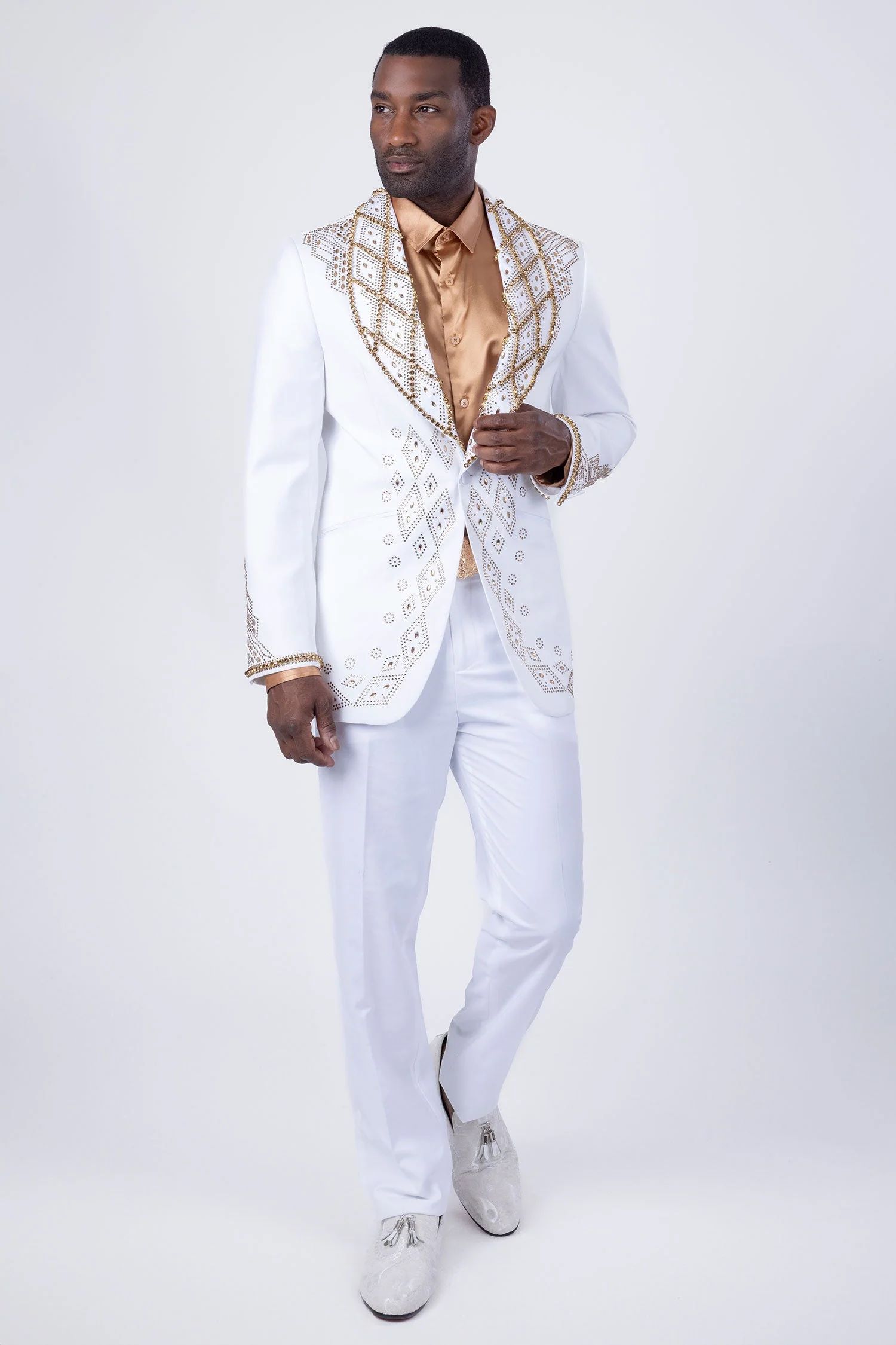 Fashion Men Suits Tailor-Made Shawl Lapel Jacket 2 Pieces Set Rhinestone Blazer One Button Groom Customized Coat Pants Plus Size