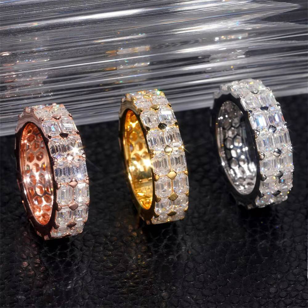 Hip Hop Jewelry Baguette Moissanite S925 Two Row Hip Hop Ring Factory Price Rapper Ring Iced Out Ring for Man
