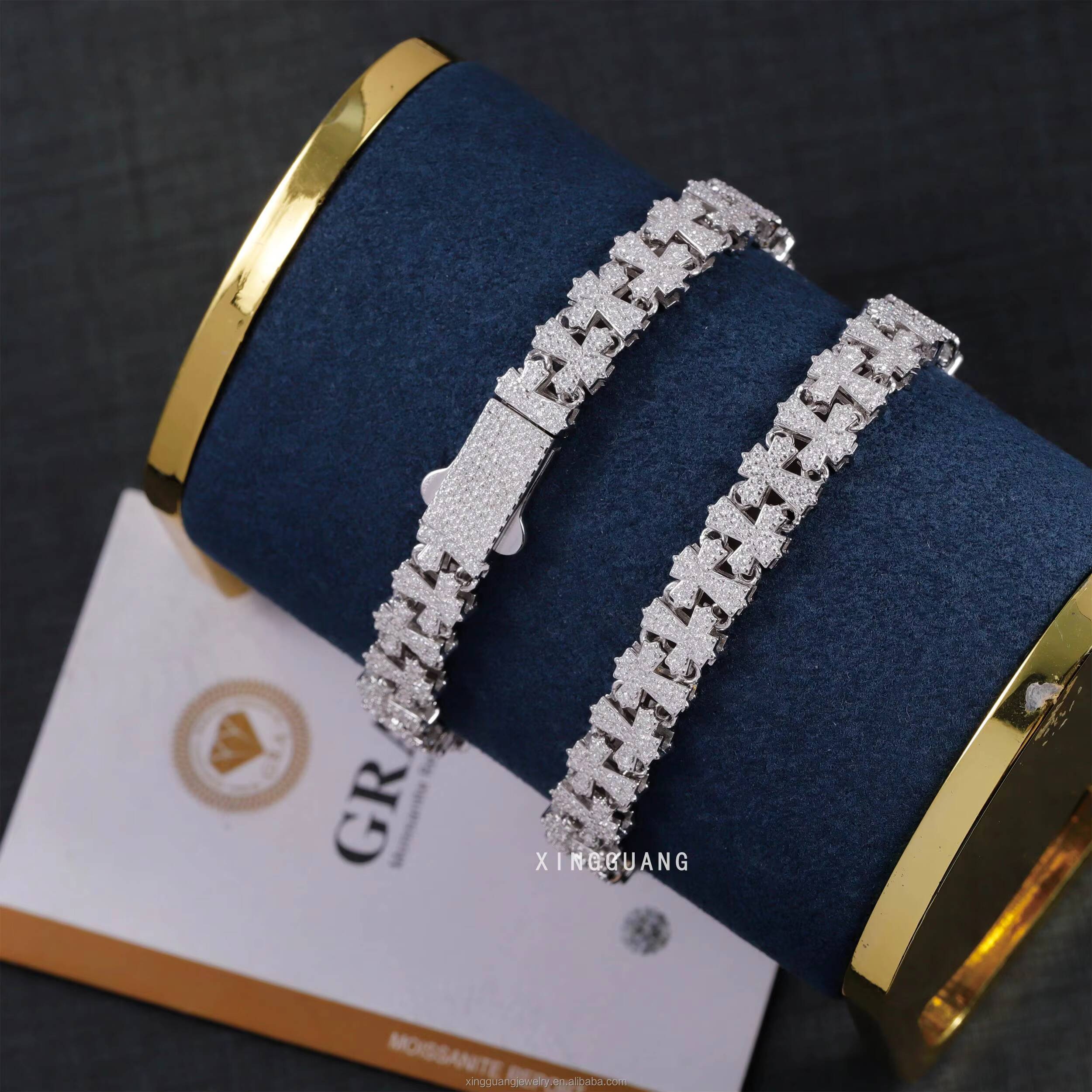 Trendy 14mm Wide Multi Cross Bracelet Moissanite White Gold Plated Silver Cuban Links Men Women Jewelry Cuban Bracelet Jewelry