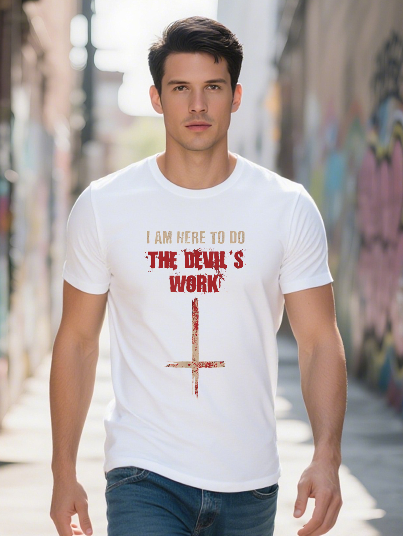 Men s Cotton Casual T Shirt Crew Neck Short Sleeve Regular Fit with Gothic Cross and I Am Here to Do The de54b