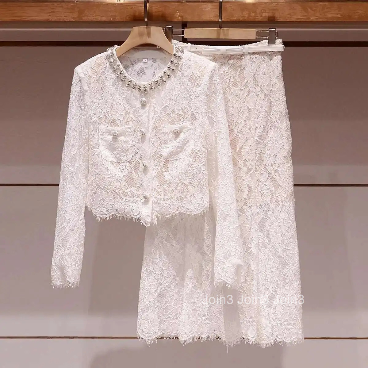 Luxury Lace Long Dresses 2 Pieces Women Skirts Sets Summer Holiday Crystal Beading White Jacket Top Hollow Out Long Skirts Suits
