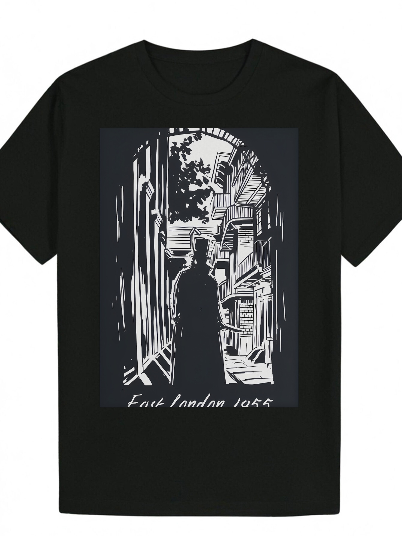 Men's London 1985 Graphic T-Shirt - Black and White Architectural Portrait Design, Breathable Polyester Crew Neck Casual Summer T-Shirt, Machine 