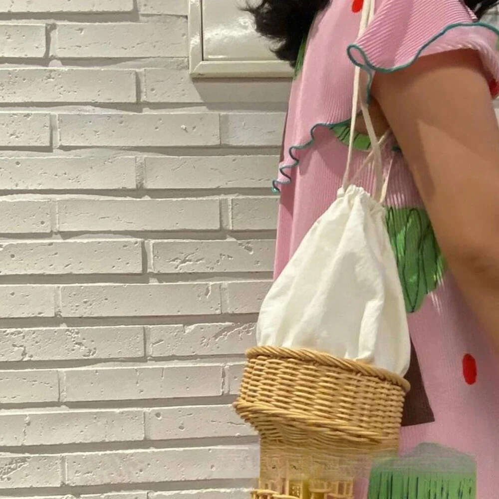Cute Ice Cream Rattan Handbags Bohemian Wicker Woven Straw Bag Hollow Funny Purses for Women Shoulder Beach Bags