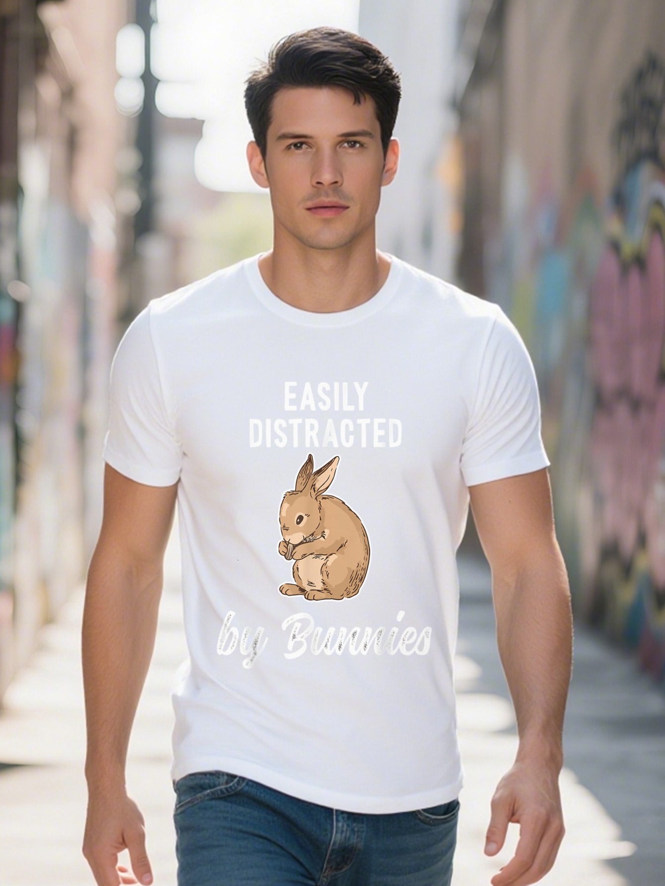 Funny Happy Bunny T Men and Women Cotton Breathable Short Sleeve Shirt Easily Distracted by Bunnies f1b28