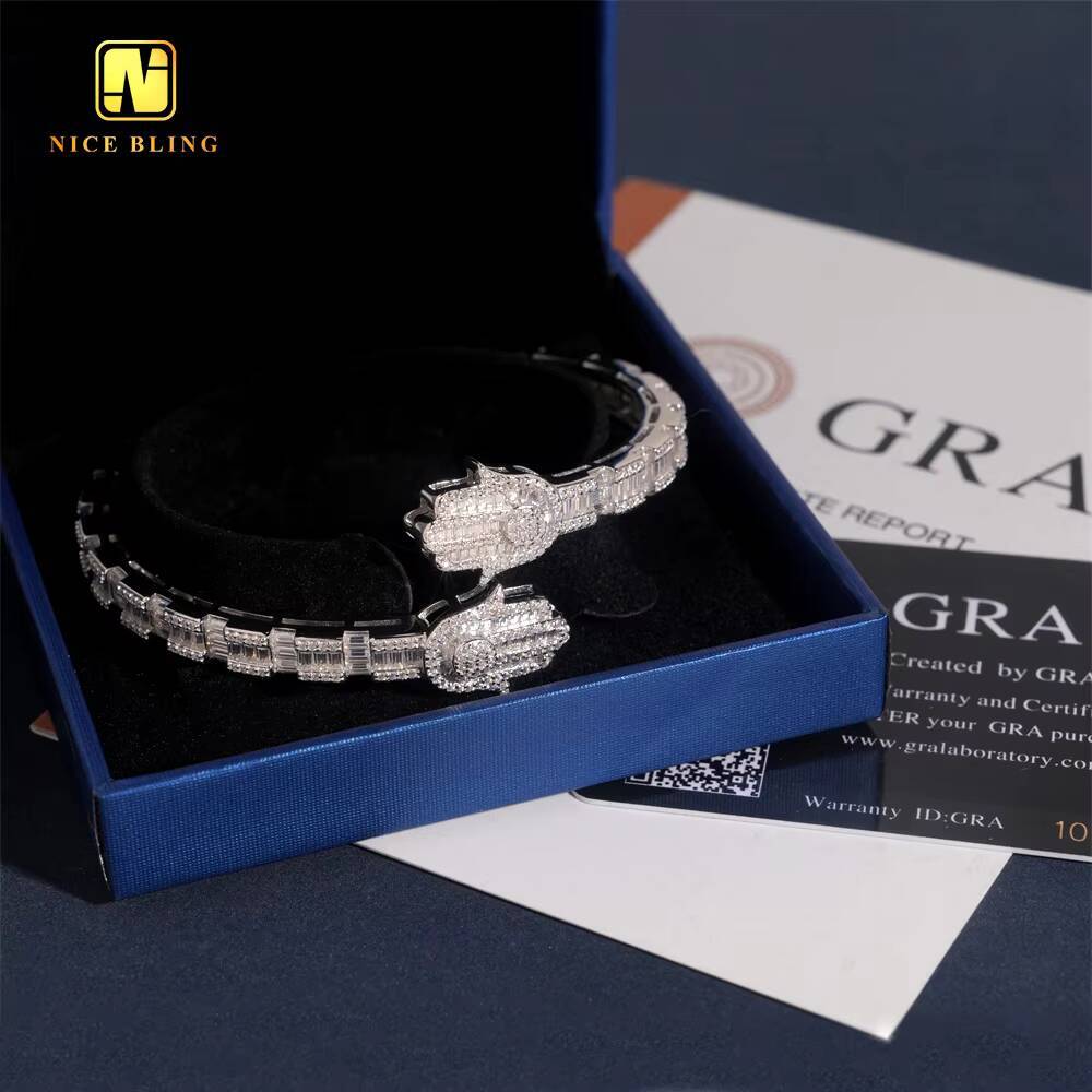 New Design Hamsa Hand Bangle Fine Hip Hop Jewelry Silver Plated Baguette Custom Iced Out 925 Silver VVS Moissanite Bracelet