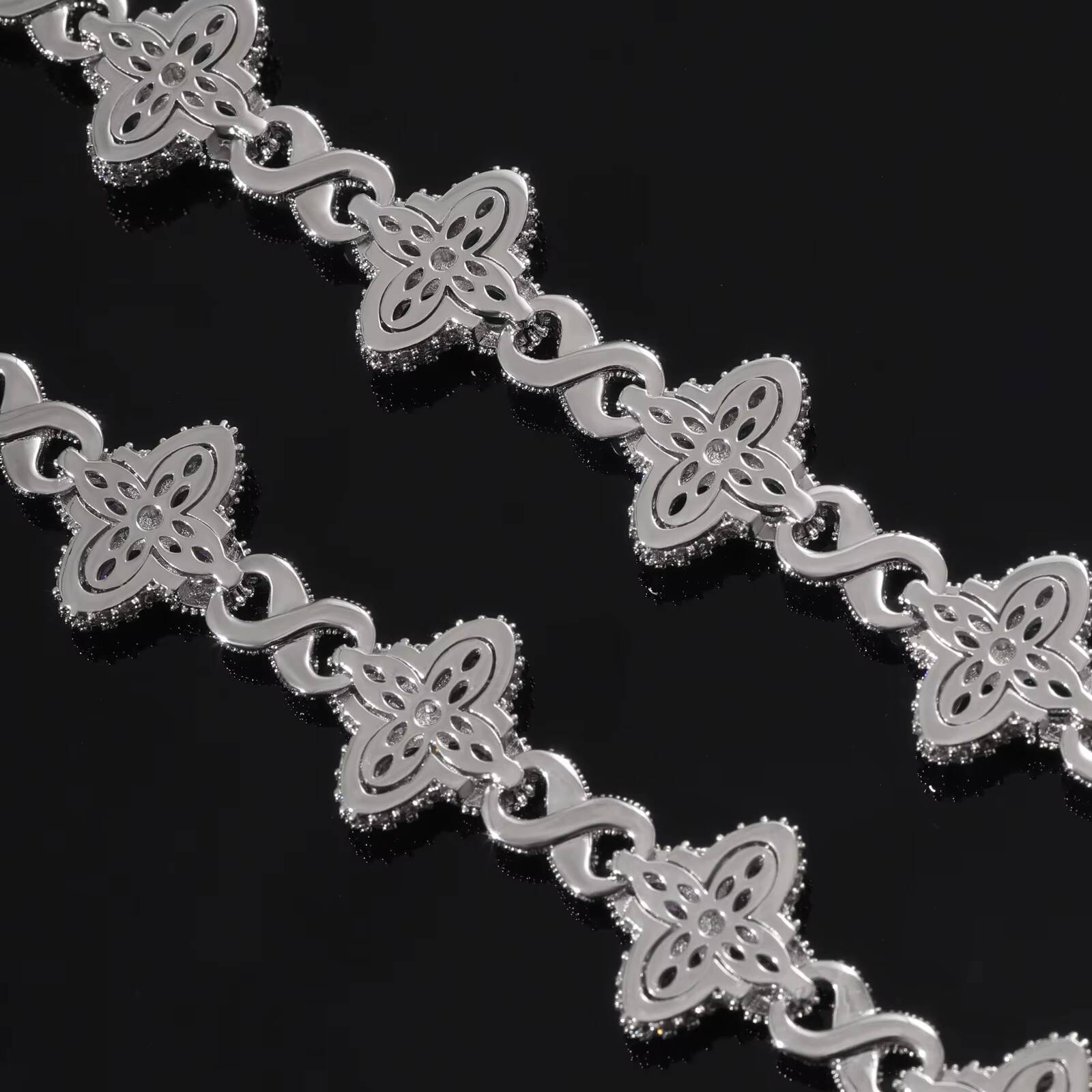 Sparkling Bling Hip Hop 16mm White Clover Bracelet Necklace Brass Fashion Flower 5A Moissanite VVS Diamond Cuban Chain