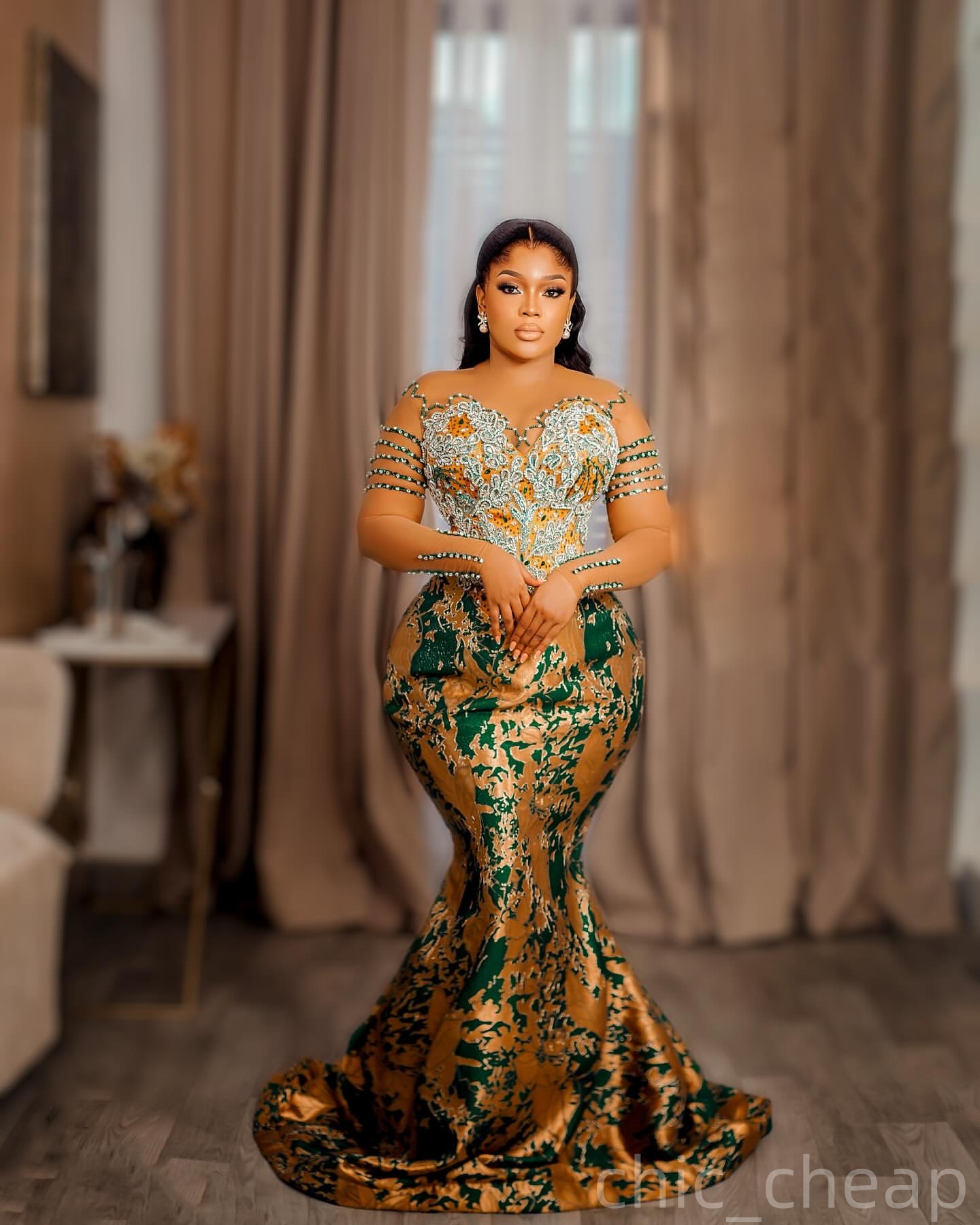 Gold Green Mermaid Prom Dresses 2025 Crystals Beaded Lace Evening Formal Party Second Birthday Engagement Gowns Plus Size Dress For Special Occasions 