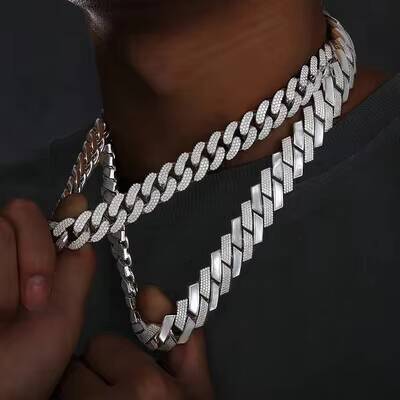 925 Sterling Silver Moissanite Cuban Chain Necklace 15mm Sparkling Rhodium Plated in Hip-hop Style Following Miami Cuban Style