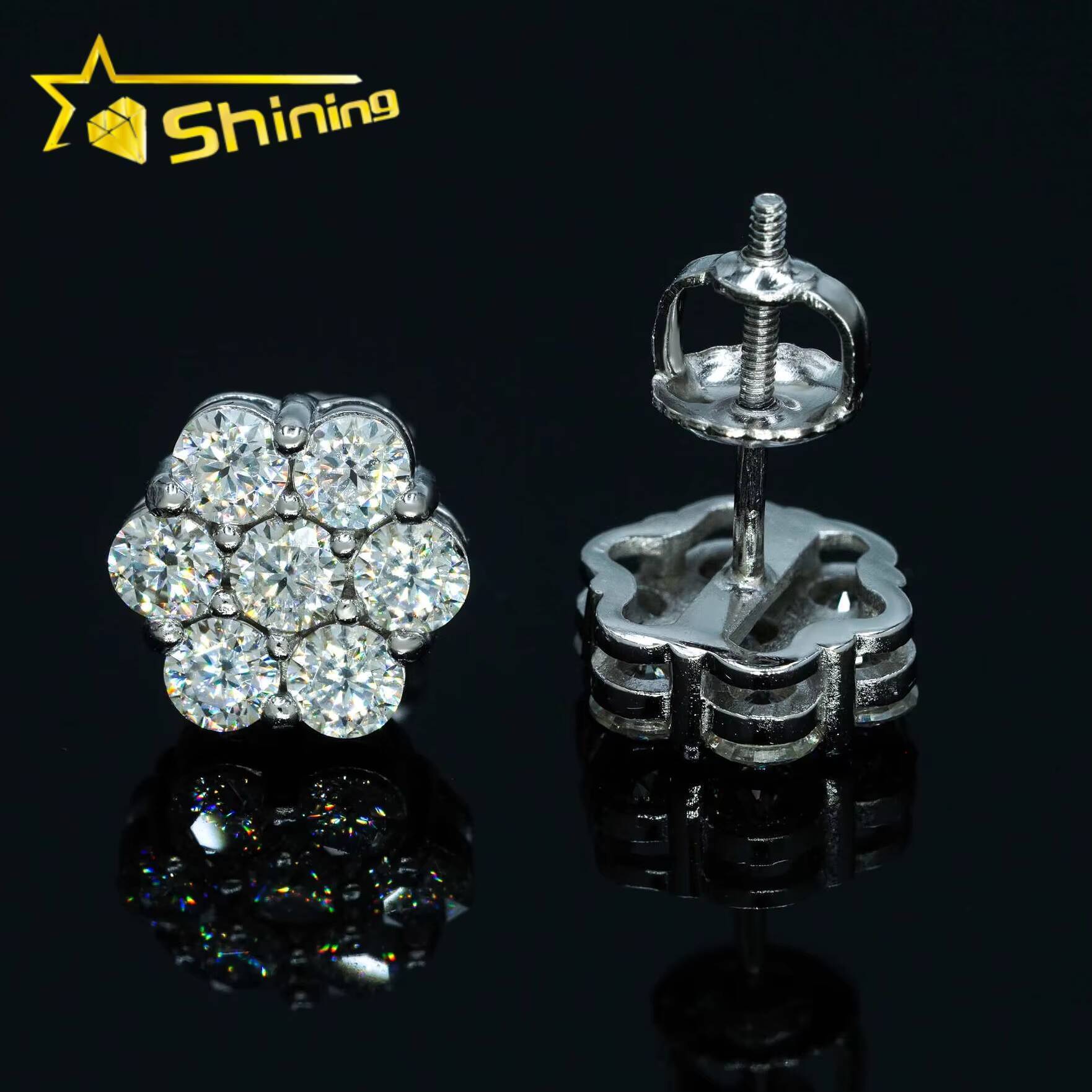 Hot Selling Gold Plated 925 Silver Flower Earrings GRA Certificated Screw Back Moissanite Cluster Ear Stud for Men Women