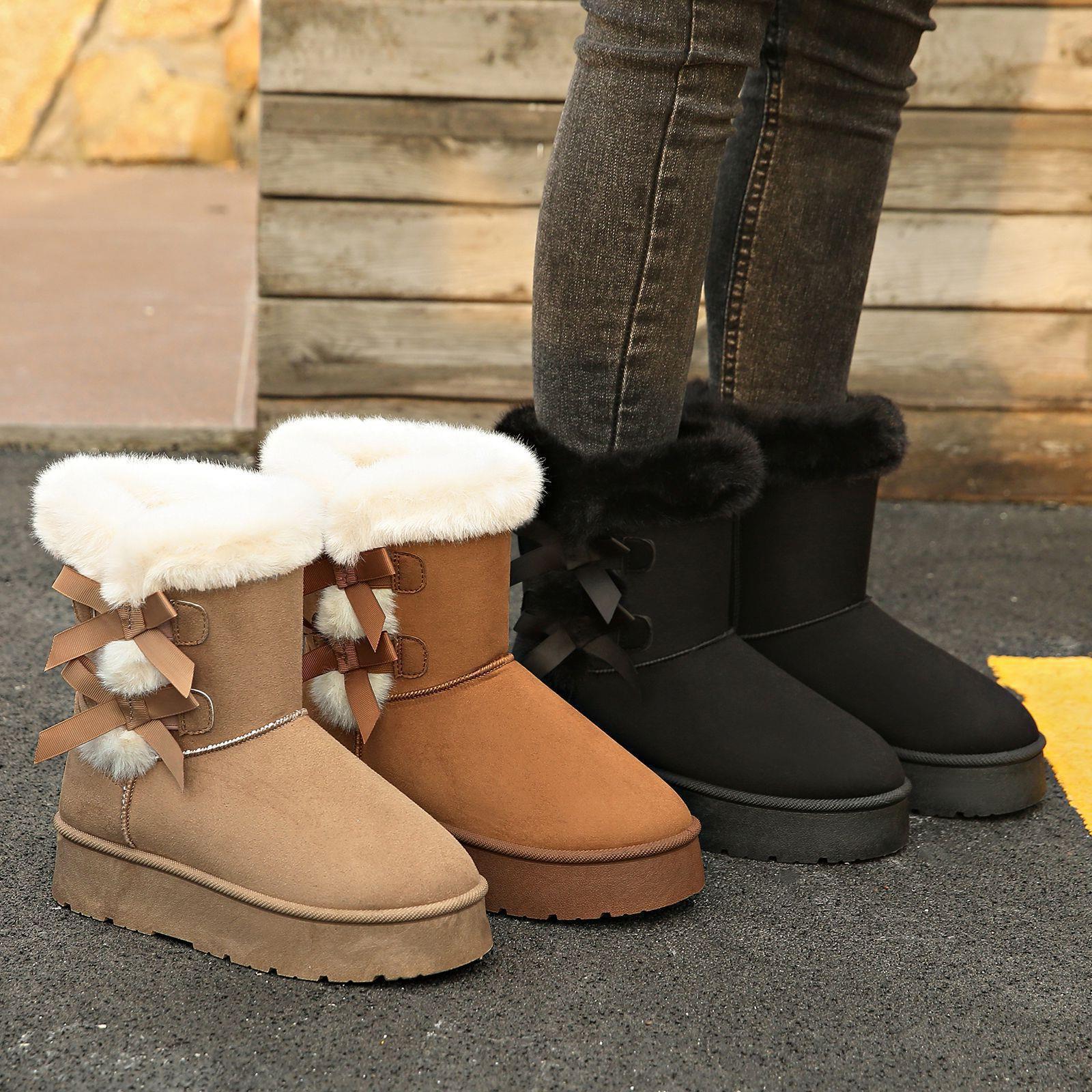 Fleece - Lined and Thickened Snow Boots with Slip - On Design New Winter 2025 Model Thick Sole Furry Opening Bow - Knot Warm and Available in Large Si