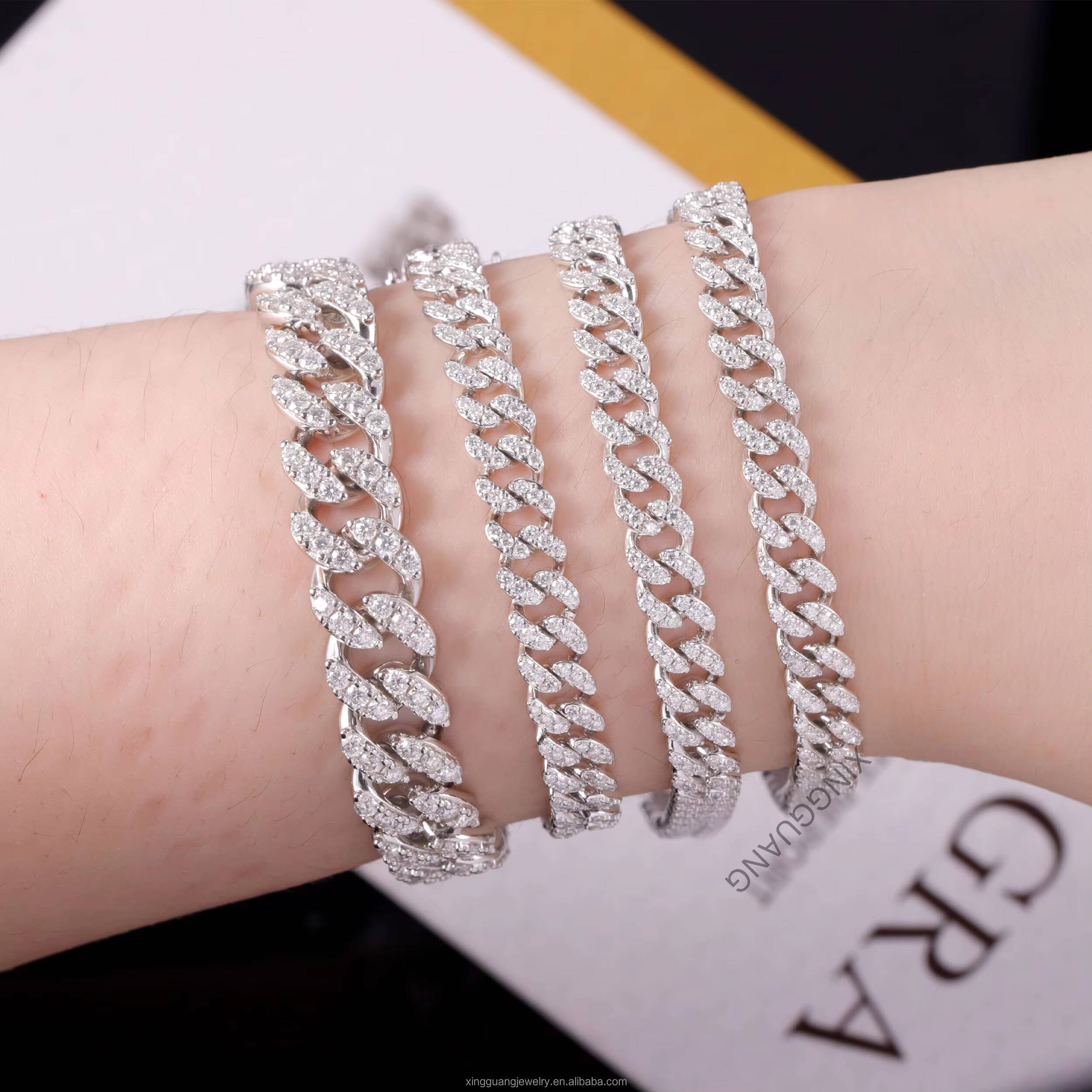 High Quality Hot 925 Sterling Silver 6mm Wide Single Row with VVS Moissanite Diamond Cuban Link Chain Bracelet Men Women Jewelry