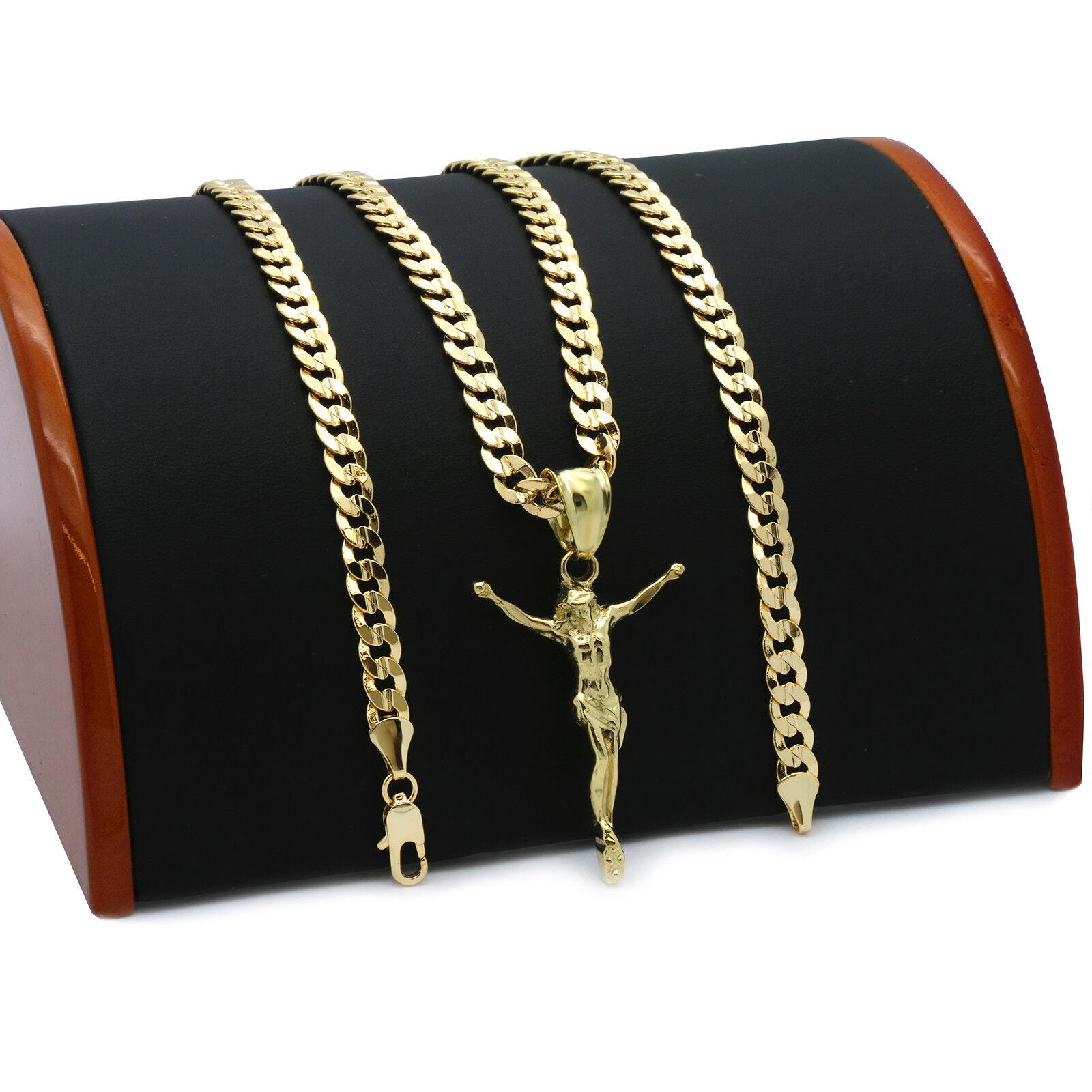 Men's 14k Gold Plated Small Jesus Pendant 5mm 24" Cuban Necklace Chain