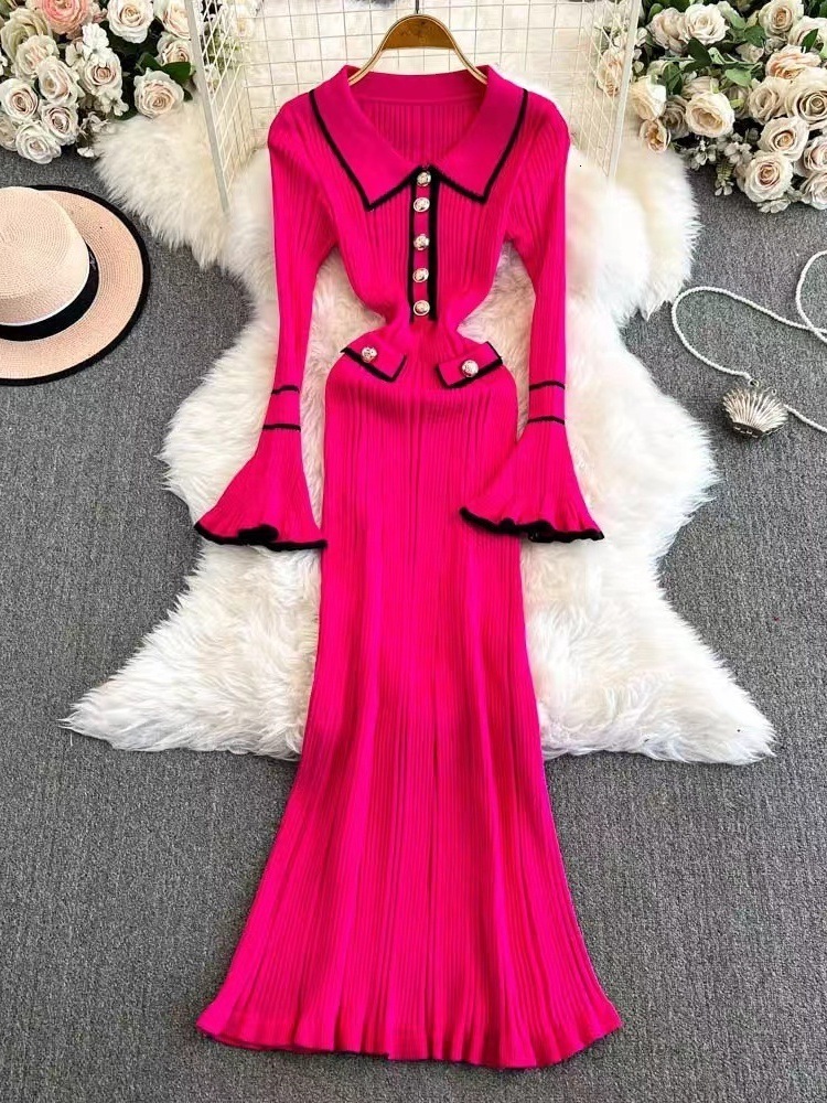 French Style Socialite Hot Girl Style Autumn Winter New Elegant Niche Long Collar Knitted Dress for Women 240824