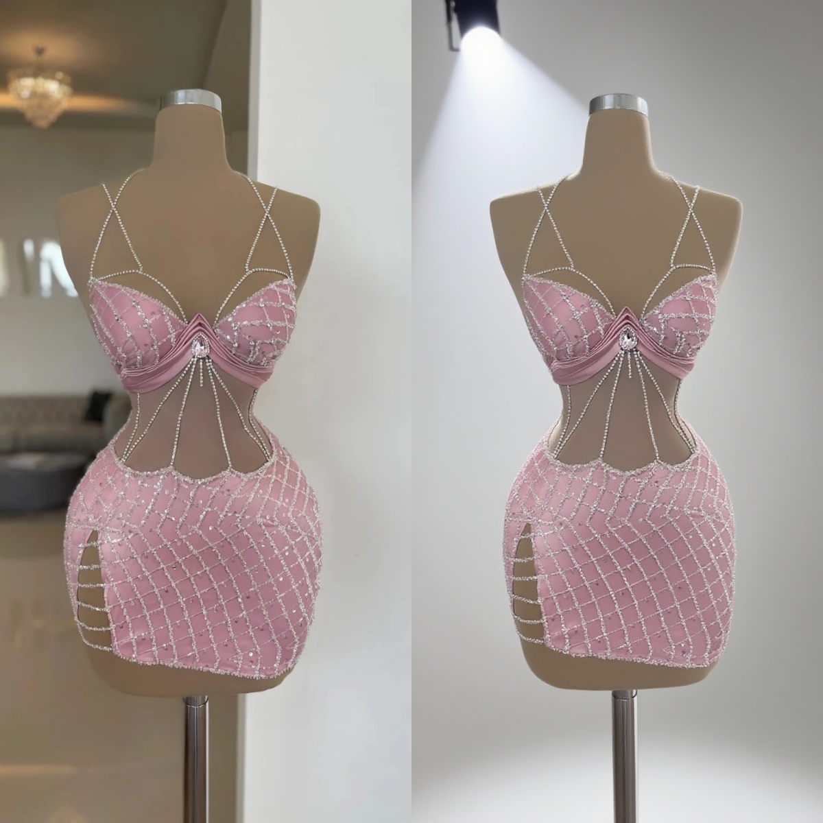 Sexy Mini Evening Dresses For Women Sheer Neck Sleeveless Gown Sequins Crystal Short Dress Party Customized Dress