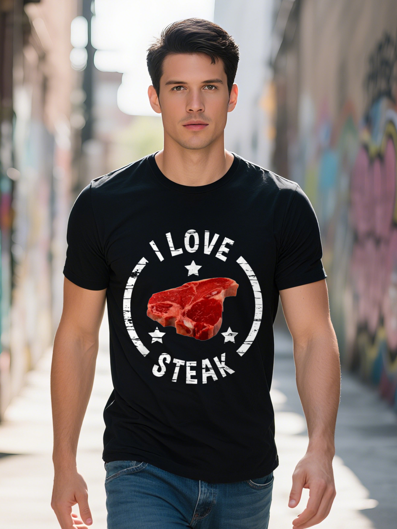 Men s g Cotton T Shirt I Love Graphic with Steak Stars Design Casual Short Sleeve Round Neck Tee for Meat 6ce3c