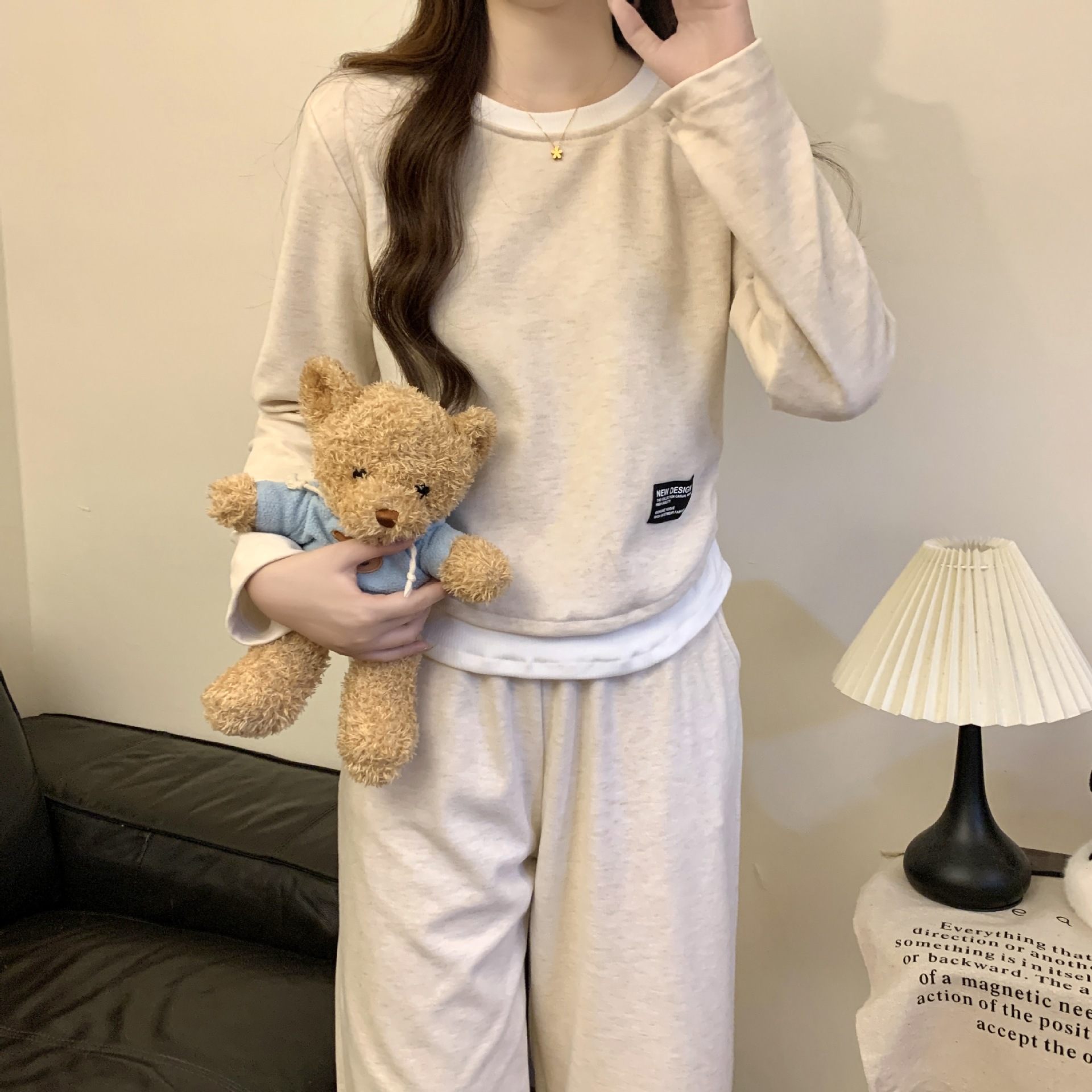 B1003-Long-sleeved trousers pajamas women 2025 autumn and winter new fake two-piece round neck pullover loose home clothes suit