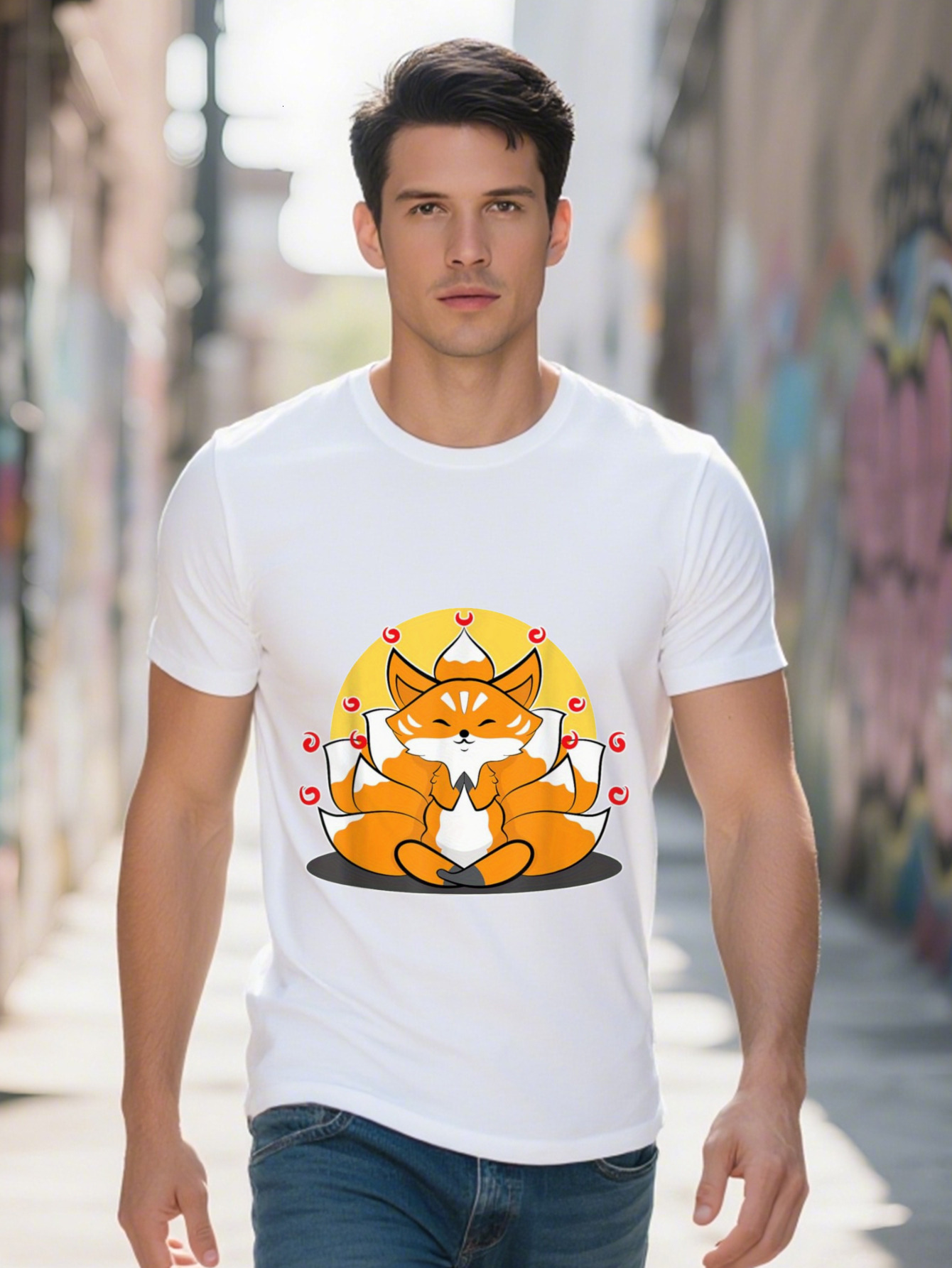 Men s Cute Graphic T Shirt Cotton Short Sleeve Fun Japanese Fox Design with Hearts Roses Black