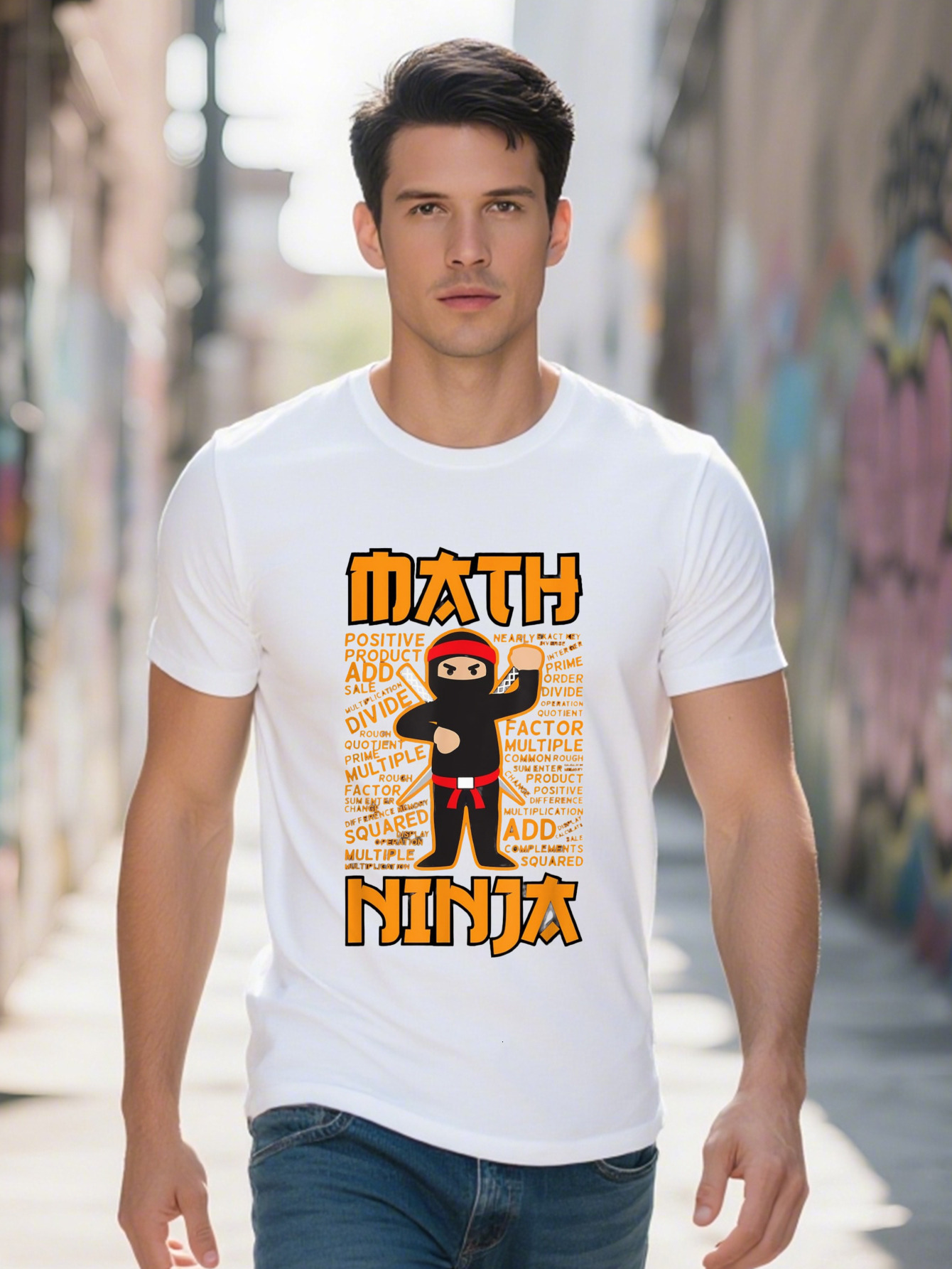 Men s Cotton T Shirt Funny Ninja Graphic Orange Black with Math Terms Casual Short Sleeve Crew Neck Tee f6e4f
