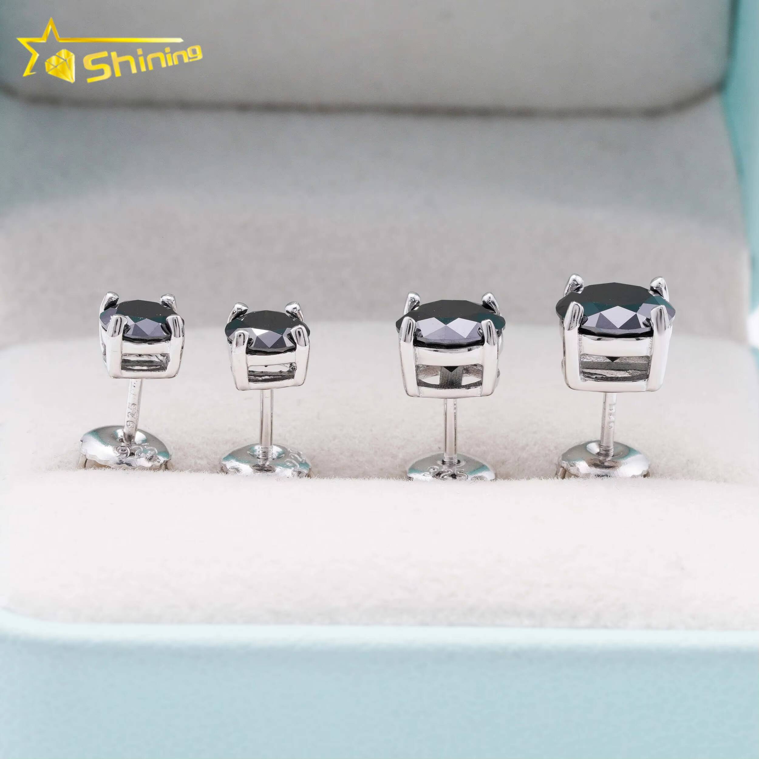 Classic 4 Prong Screw Back Ear Stud 925 Sterling Silver 1ct 2ct 3ct Hip Hop Black Moissanite Earrings