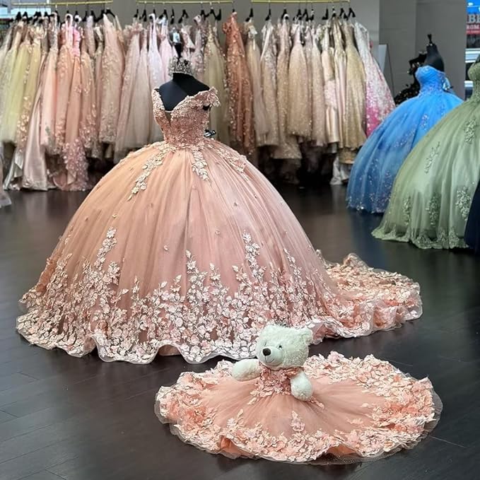 Glitter Tulle Quinceanera Dresses Floral 3D Flowers Applique Crystal Beads Off The Shoulder Corset Back Sweet 16 Dress Graduation Pageant Gowns 01