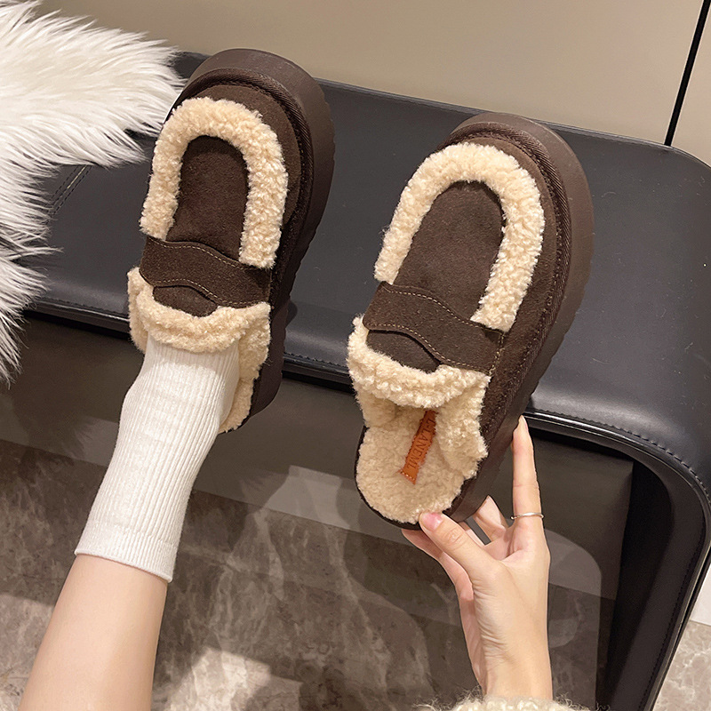 Plus-size Women's Half-Slip-on Enclosed-Toe Cotton Slippers with Thick Soles Lined Non-Slip Warm and Cozy for Home Use Styles for Autumn and Wint