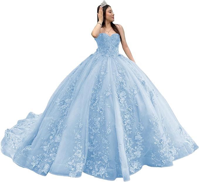 Glitter Tulle Quinceanera Dresses Floral 3D Flowers Applique Crystal Beads Off The Shoulder Corset Back Sweet 16 Dress Graduation Pageant Gowns