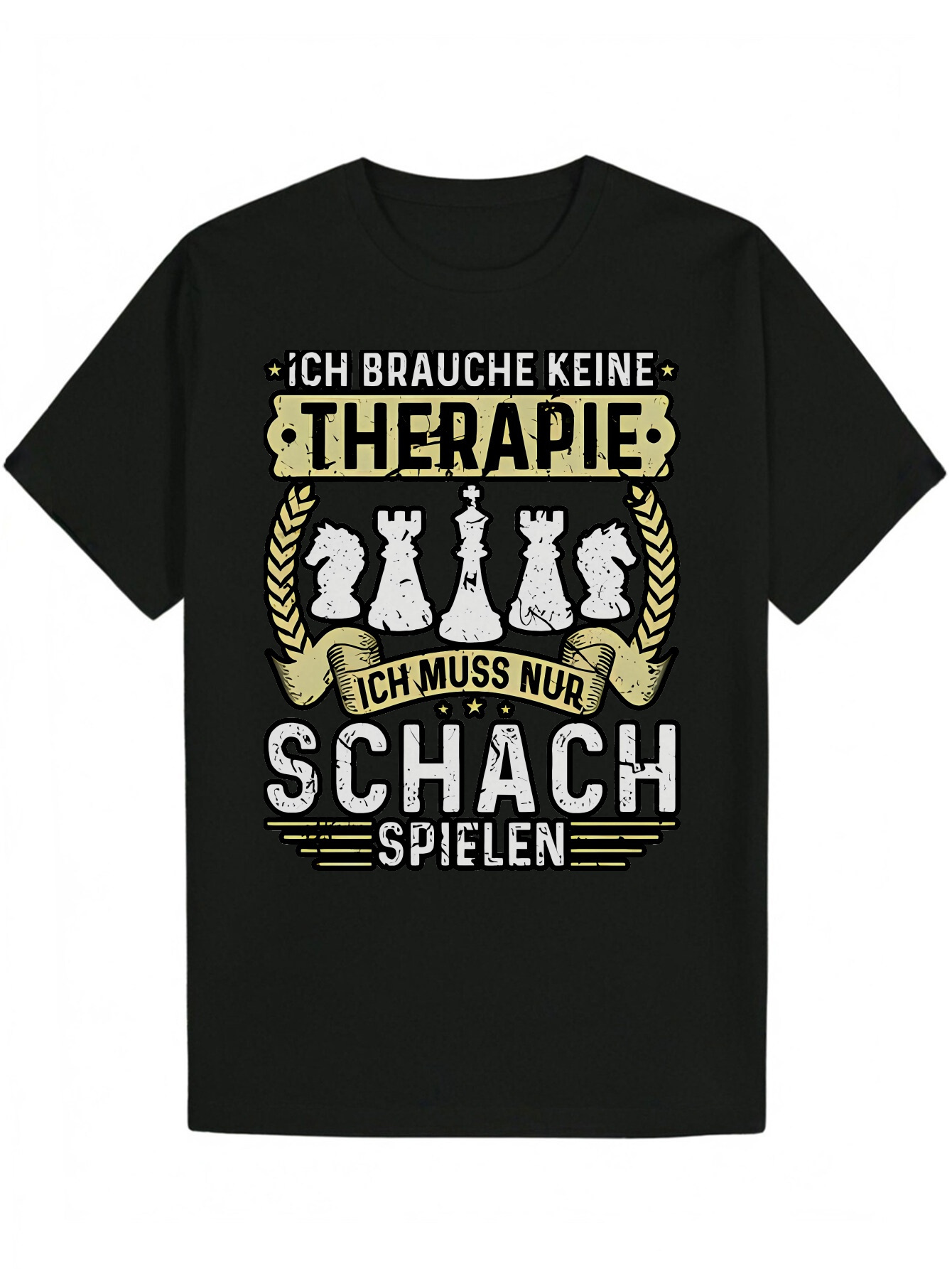 Men's Summer Round Neck Polyester German Quote Design - "Ich Bruche Keine Therapie" Print, Black with Gold Letters, Lightweight and Bre