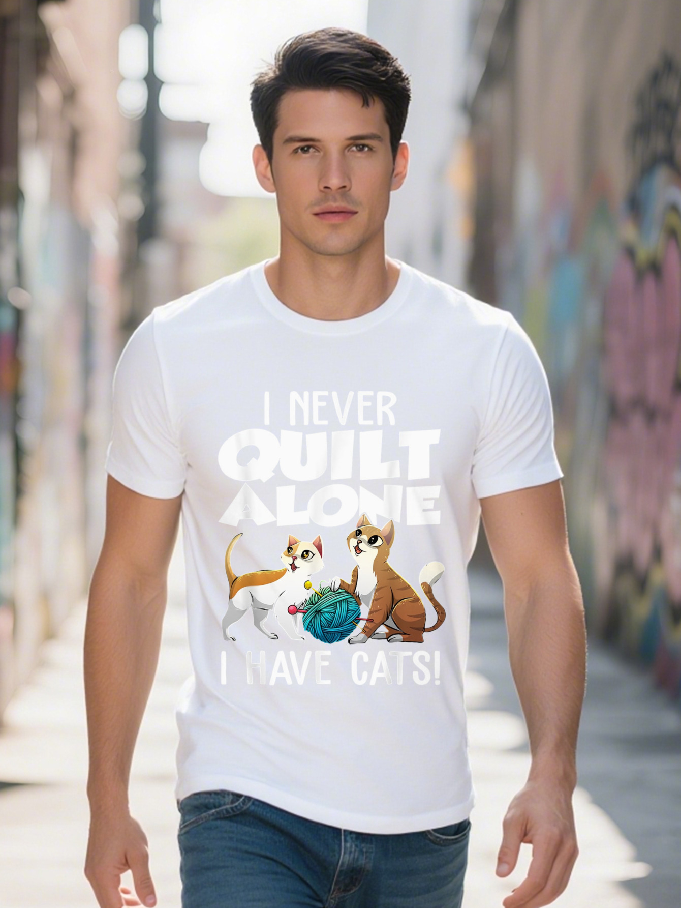 Men s Cotton T Shirt Funny Cat Quilting Design Never Quilt Alone I Have Cats Perfect Gift for Pet Lovers Quilters 3aae8