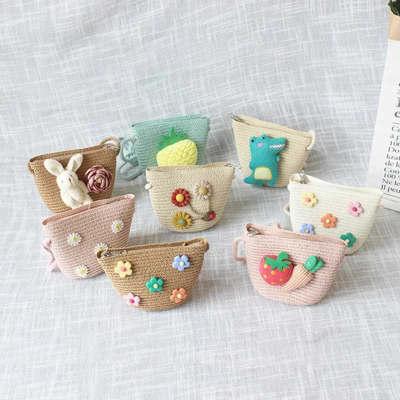 Summer Childrens Straw Woven Messenger Bag Lovely Girls Small Coin Purse Handbags Baby Kids Mini Shoulder Bags Princess Wallet G250802