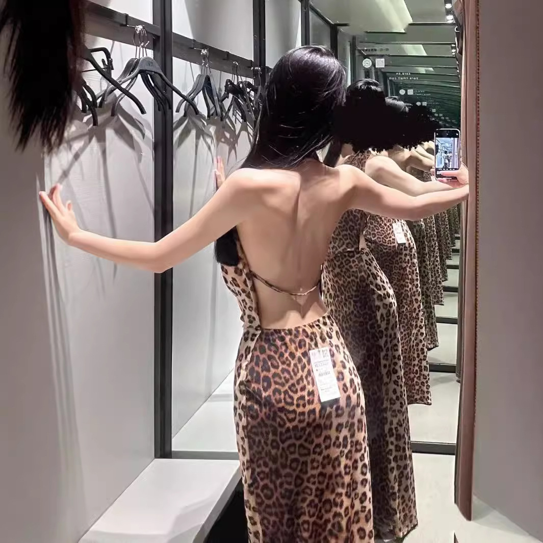 2025 fashion European and American Style Fashion Leopard Pattern Transparent Strap Skirt Long Dress New Designer Dress