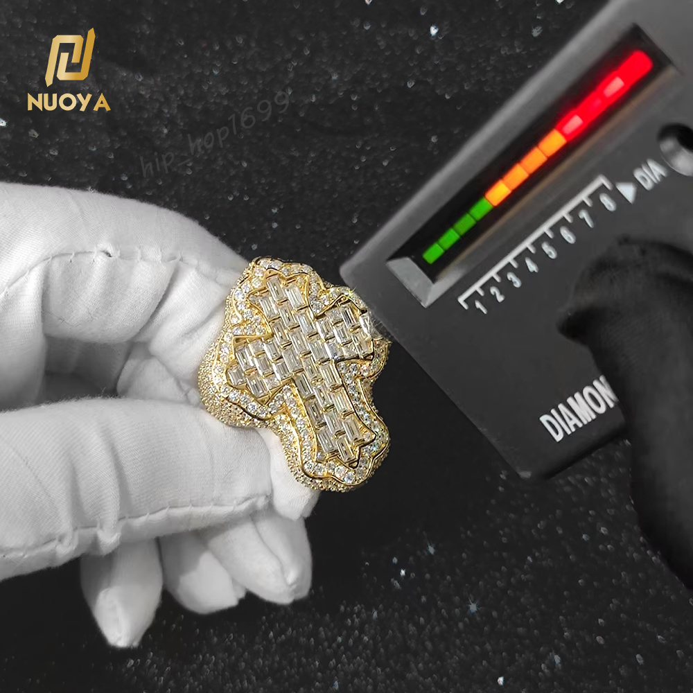 Hip Hop Jewelry Luxury Baguette Diamond Cross Rings Iced Out Moissanite 925 Sterling Silver Ring for Men and Women