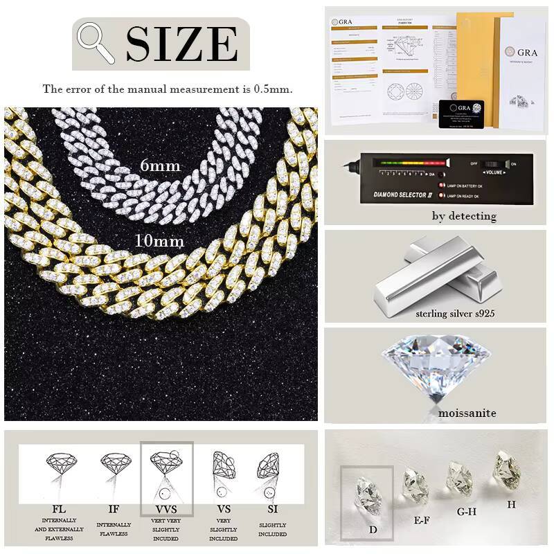 Xingguang 6mm Wide S925 Sterling Silver Necklace GRA Round Cut D VVS Moissanite Diamond Cuban Link Chain Hiphop Jewelry