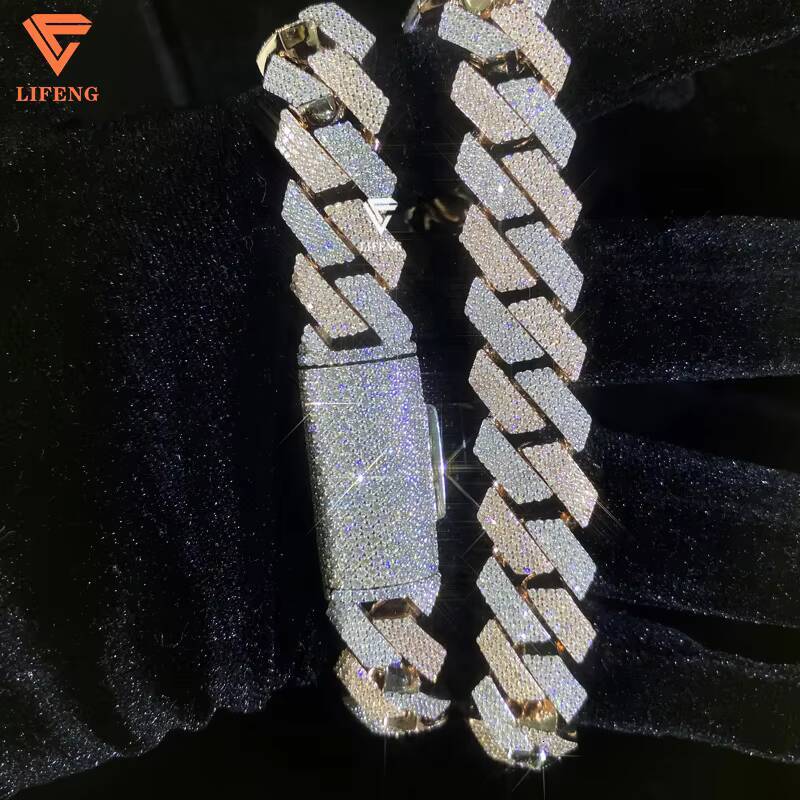 Iced Hip Hop Jewelry Luxury Two Tone Rose Gold 15mm Classic Moissanite Cuban Link Chain Necklace 925 Silver Men Cuban Chain