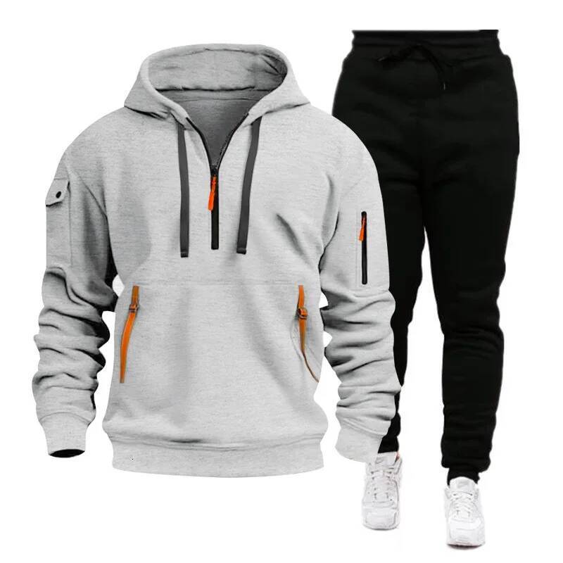 2024 Cross-border Sports Sweater Men's Multi-Pocket Zipper Hoodie Sweatpants Set